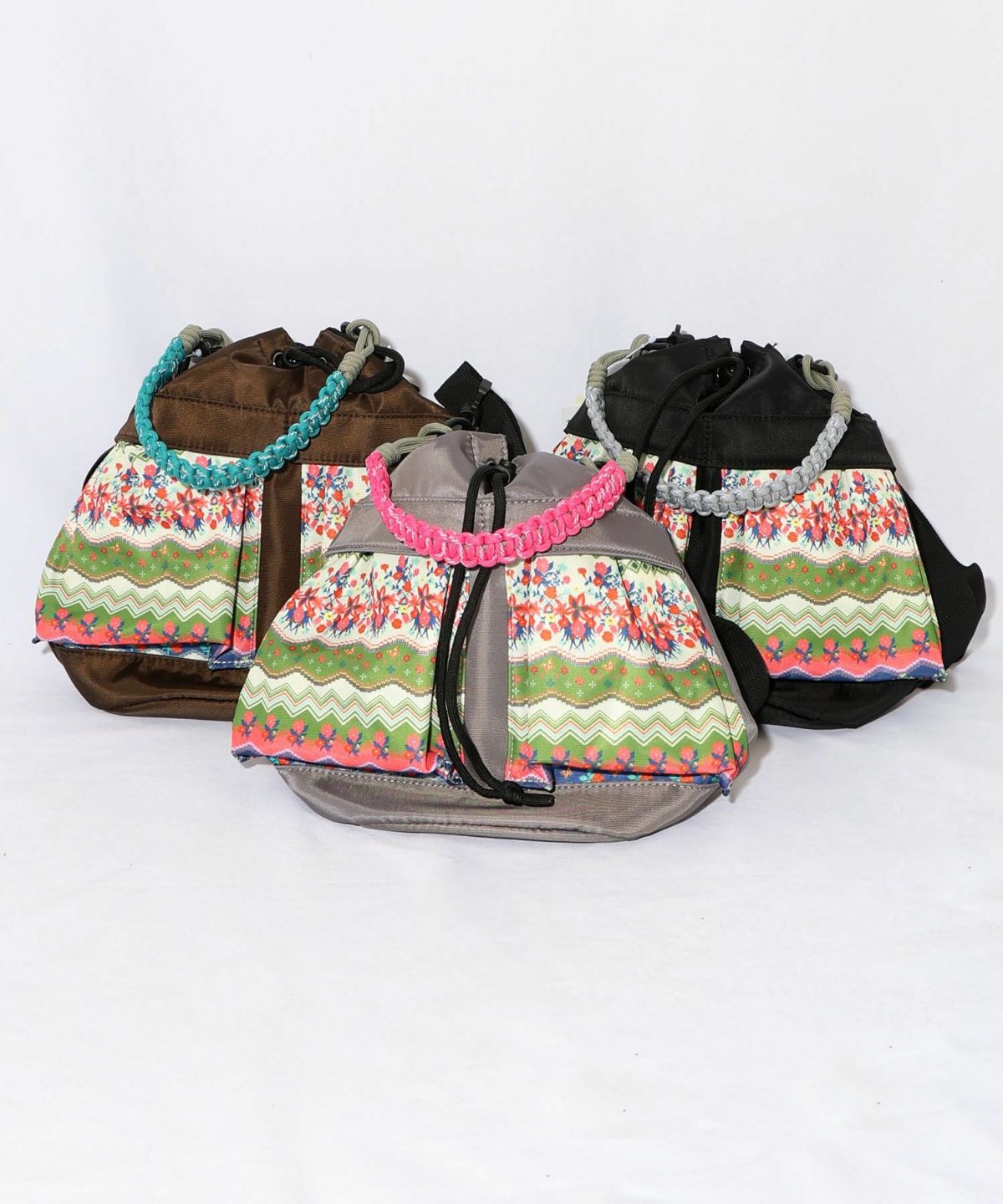 民族風柄配色パラコード付き巾着バッグ-18