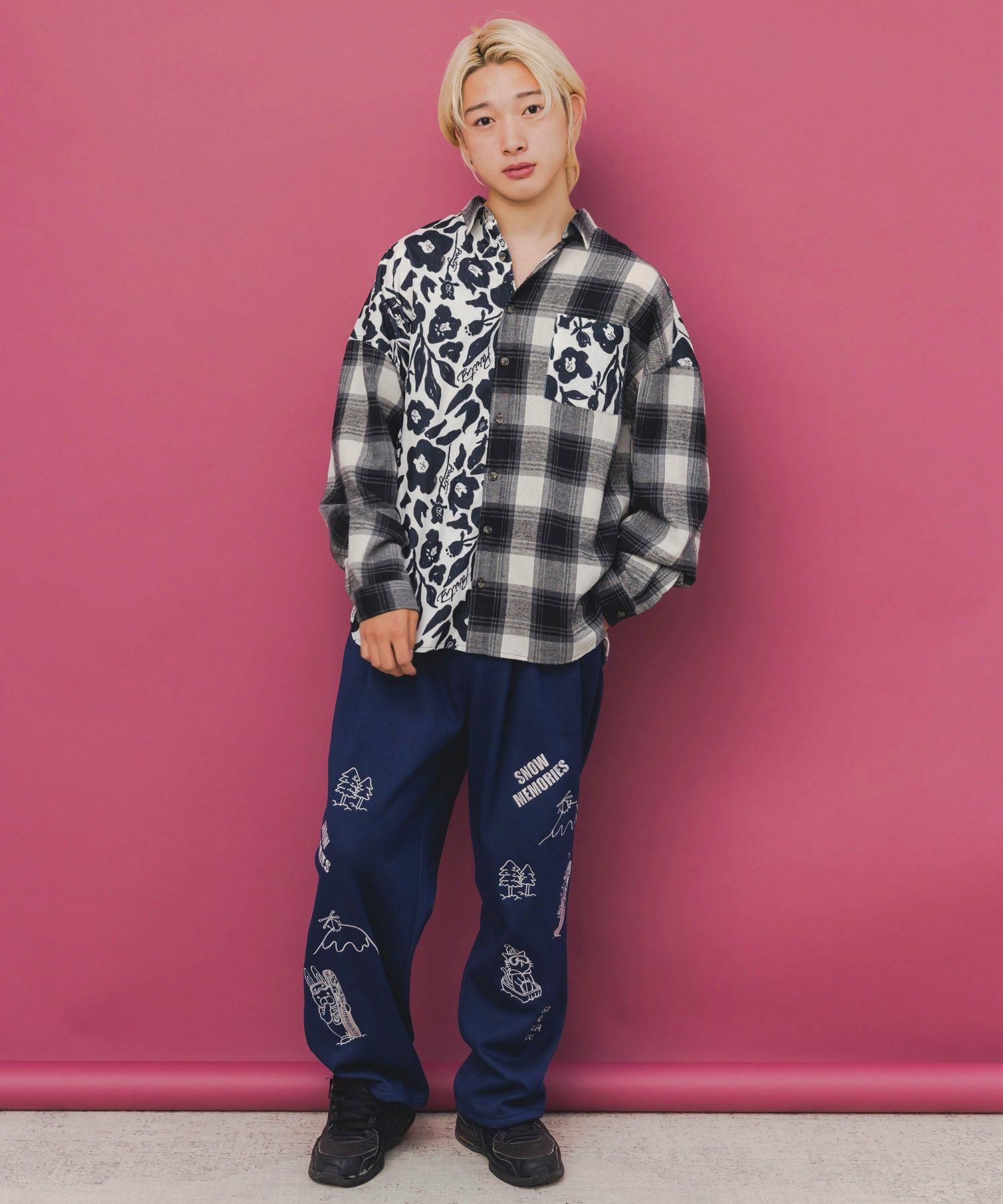 クマ花柄コーデュロイ×チェック異素材切替シャツ-2