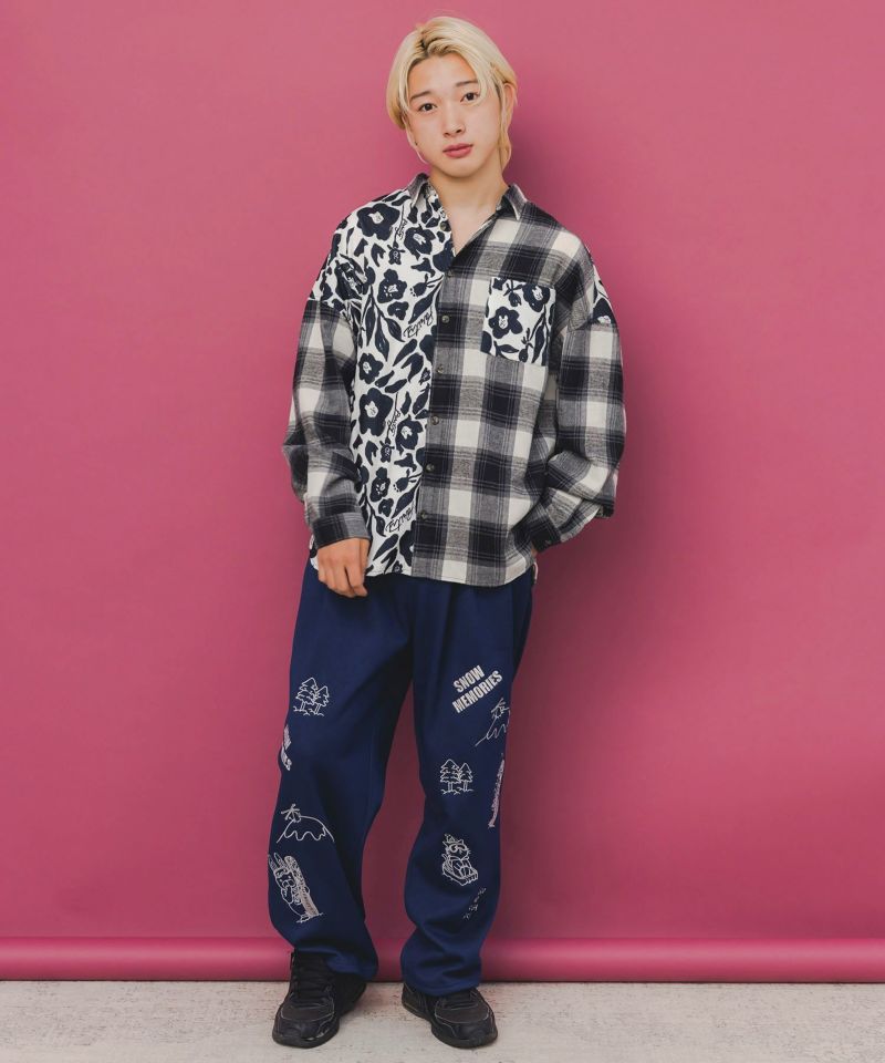 クマ花柄コーデュロイ×チェック異素材切替シャツ-2