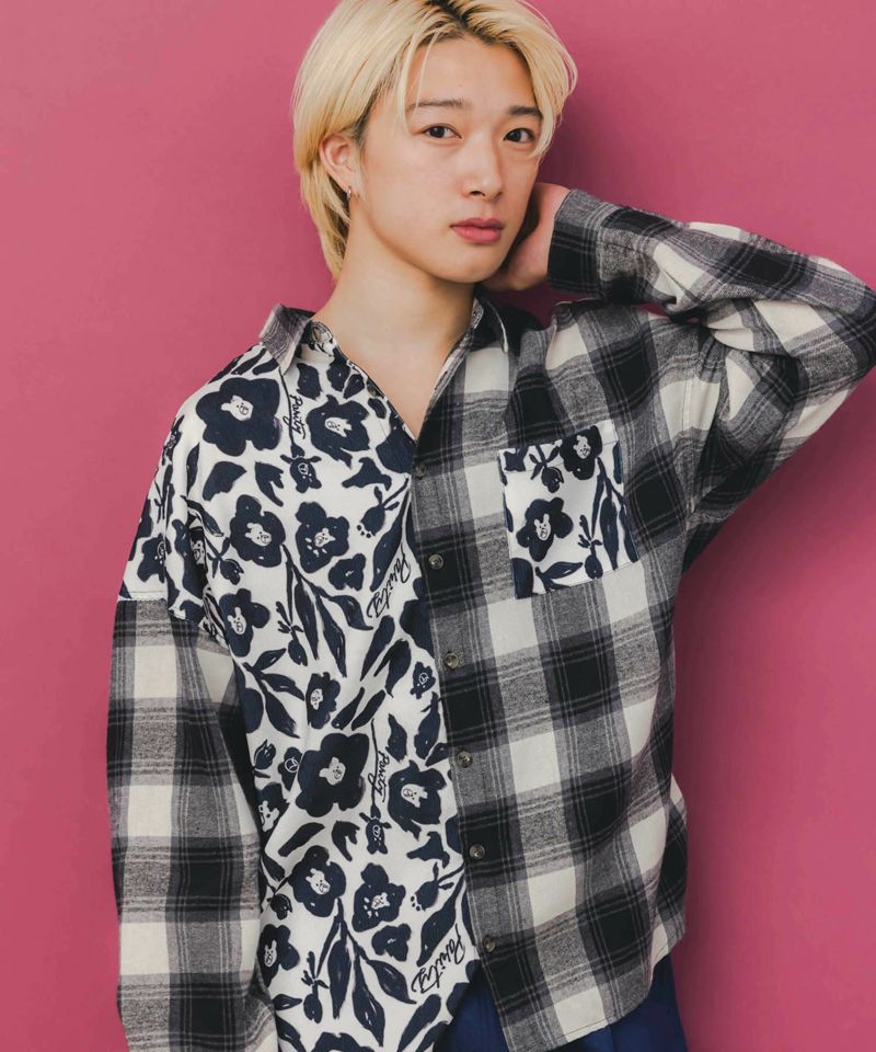 クマ花柄コーデュロイ×チェック異素材切替シャツ-3