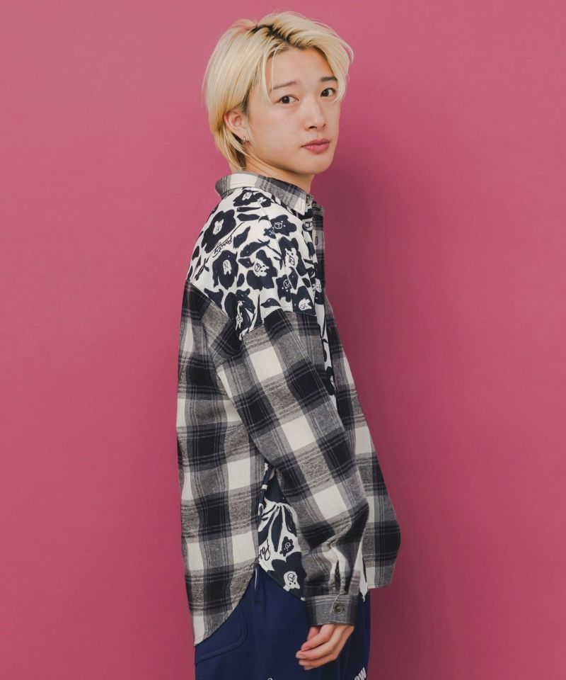 クマ花柄コーデュロイ×チェック異素材切替シャツ-4
