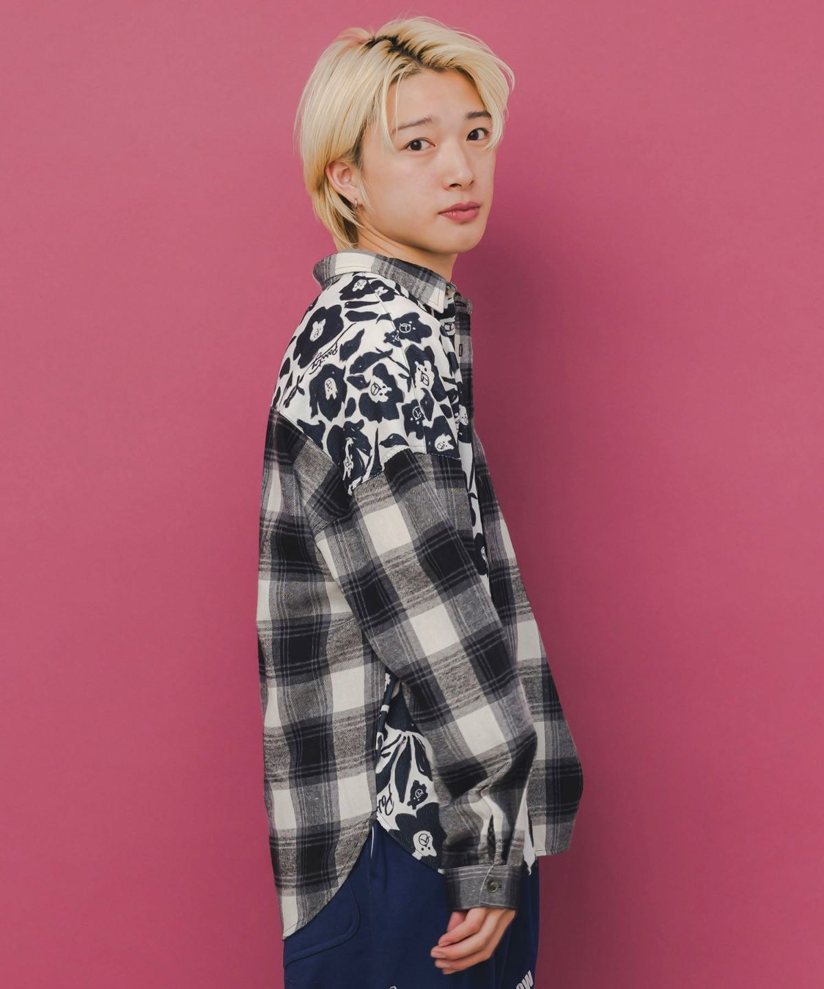 クマ花柄コーデュロイ×チェック異素材切替シャツ-4