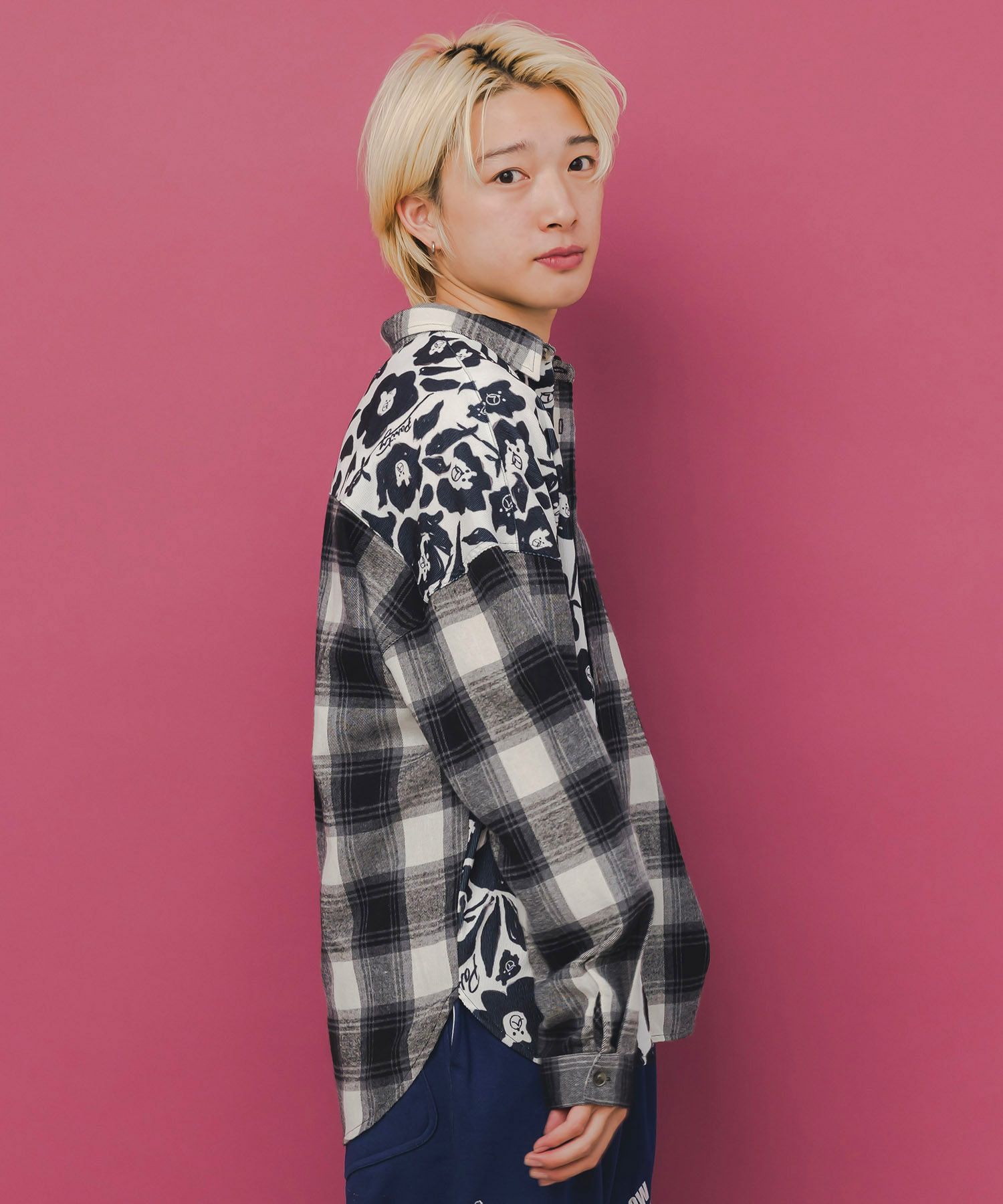 クマ花柄コーデュロイ×チェック異素材切替シャツ-4