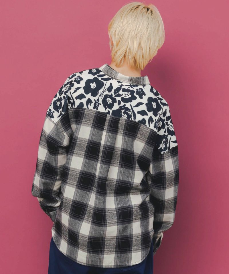 クマ花柄コーデュロイ×チェック異素材切替シャツ-5