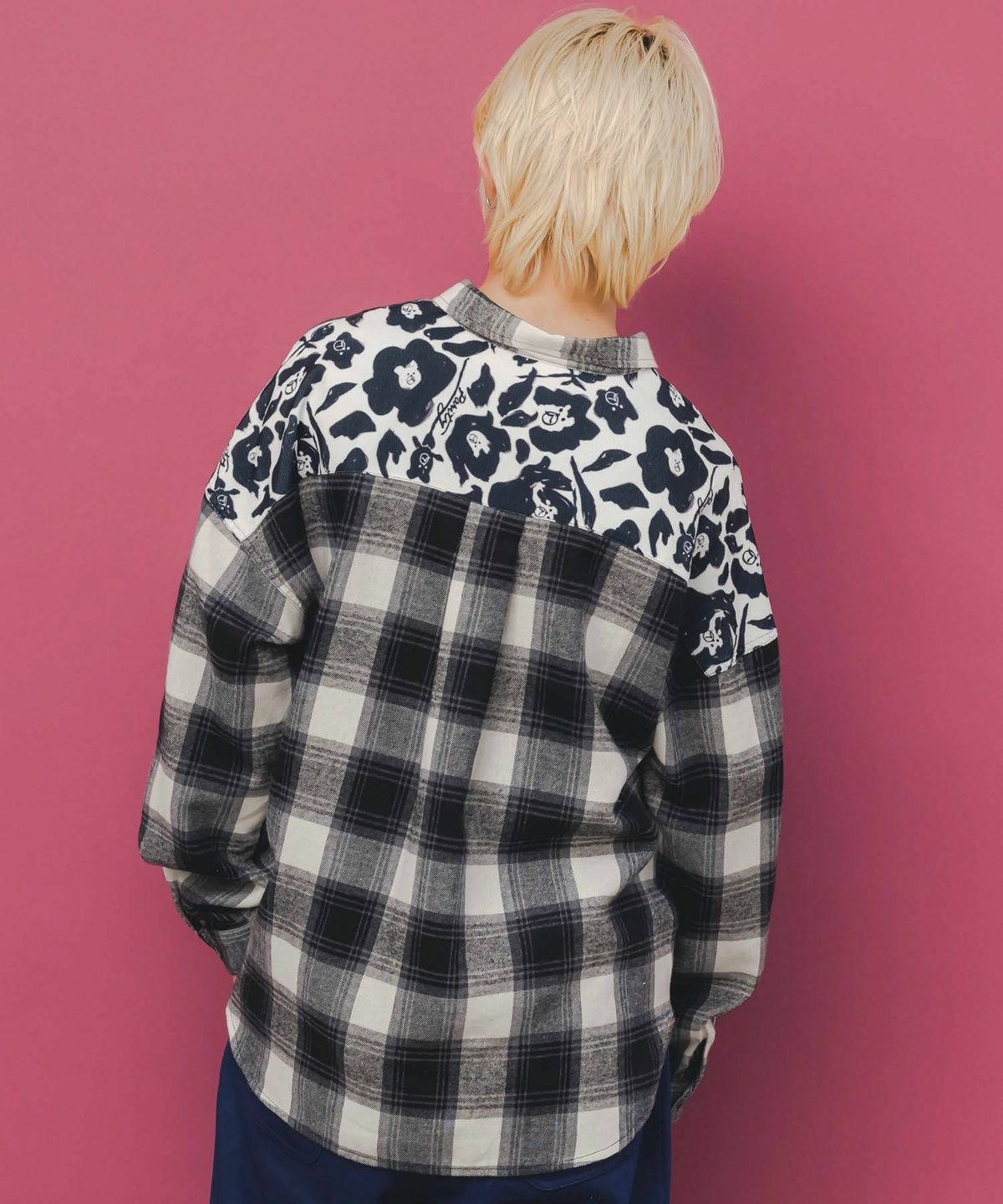 クマ花柄コーデュロイ×チェック異素材切替シャツ-5