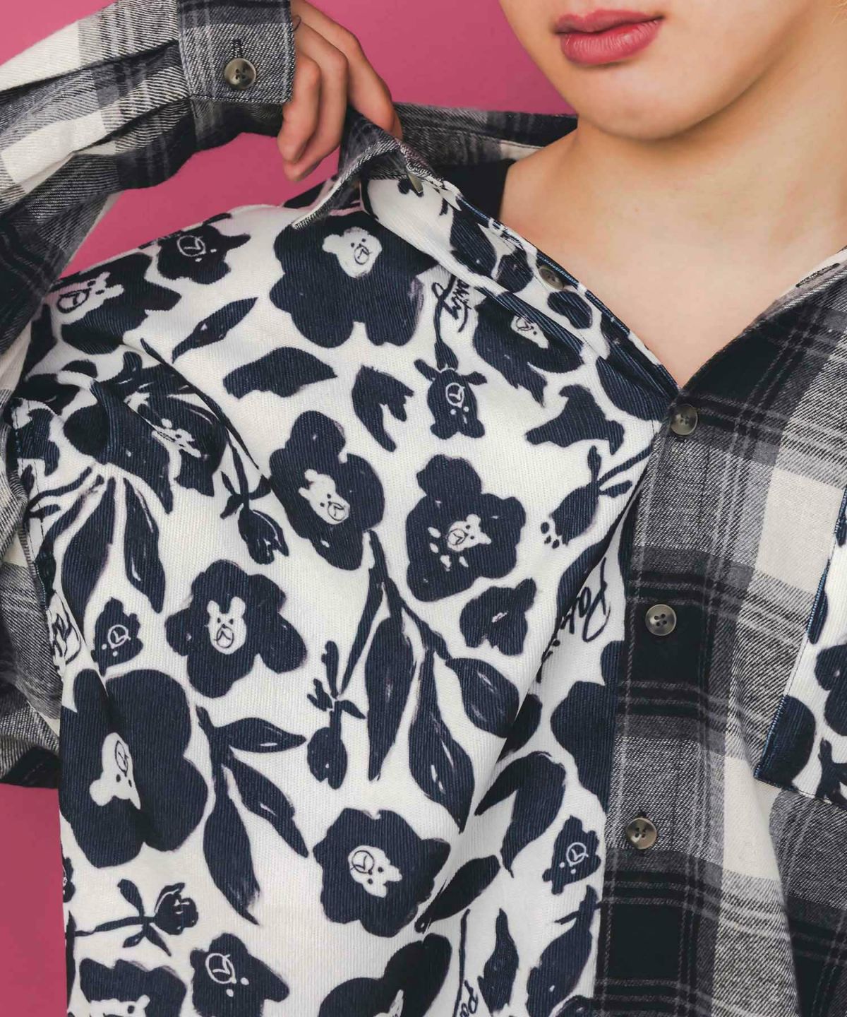 クマ花柄コーデュロイ×チェック異素材切替シャツ-6