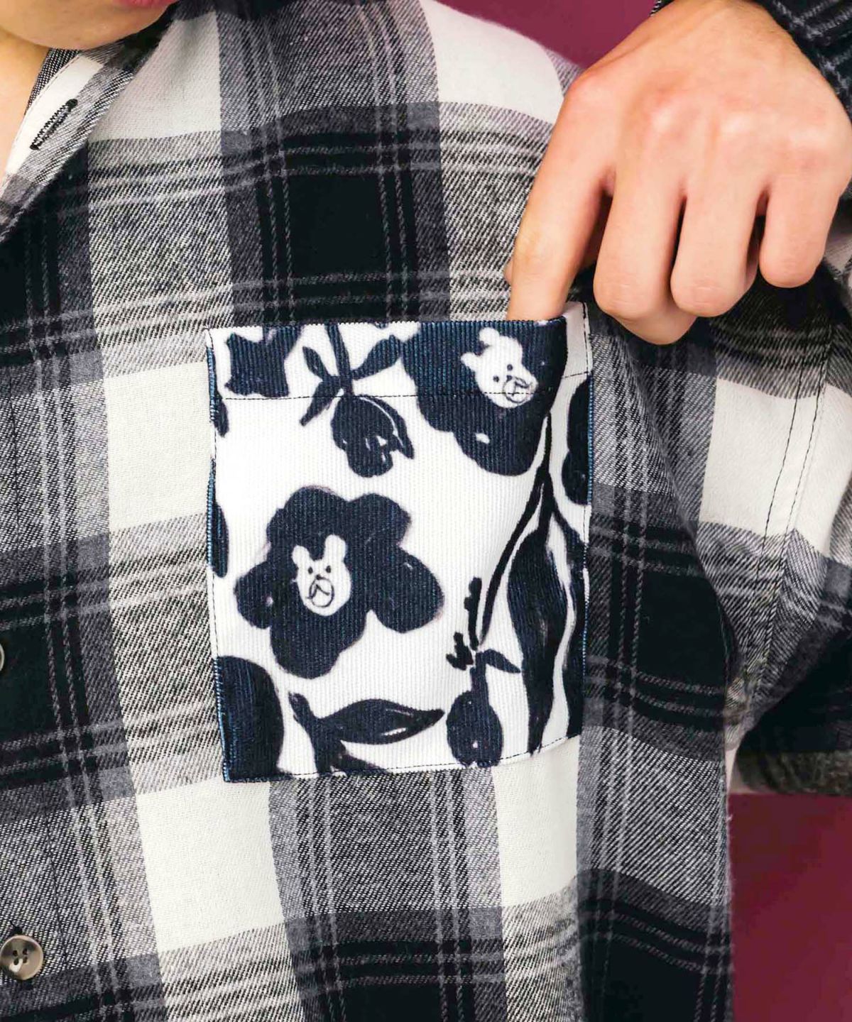 クマ花柄コーデュロイ×チェック異素材切替シャツ-7