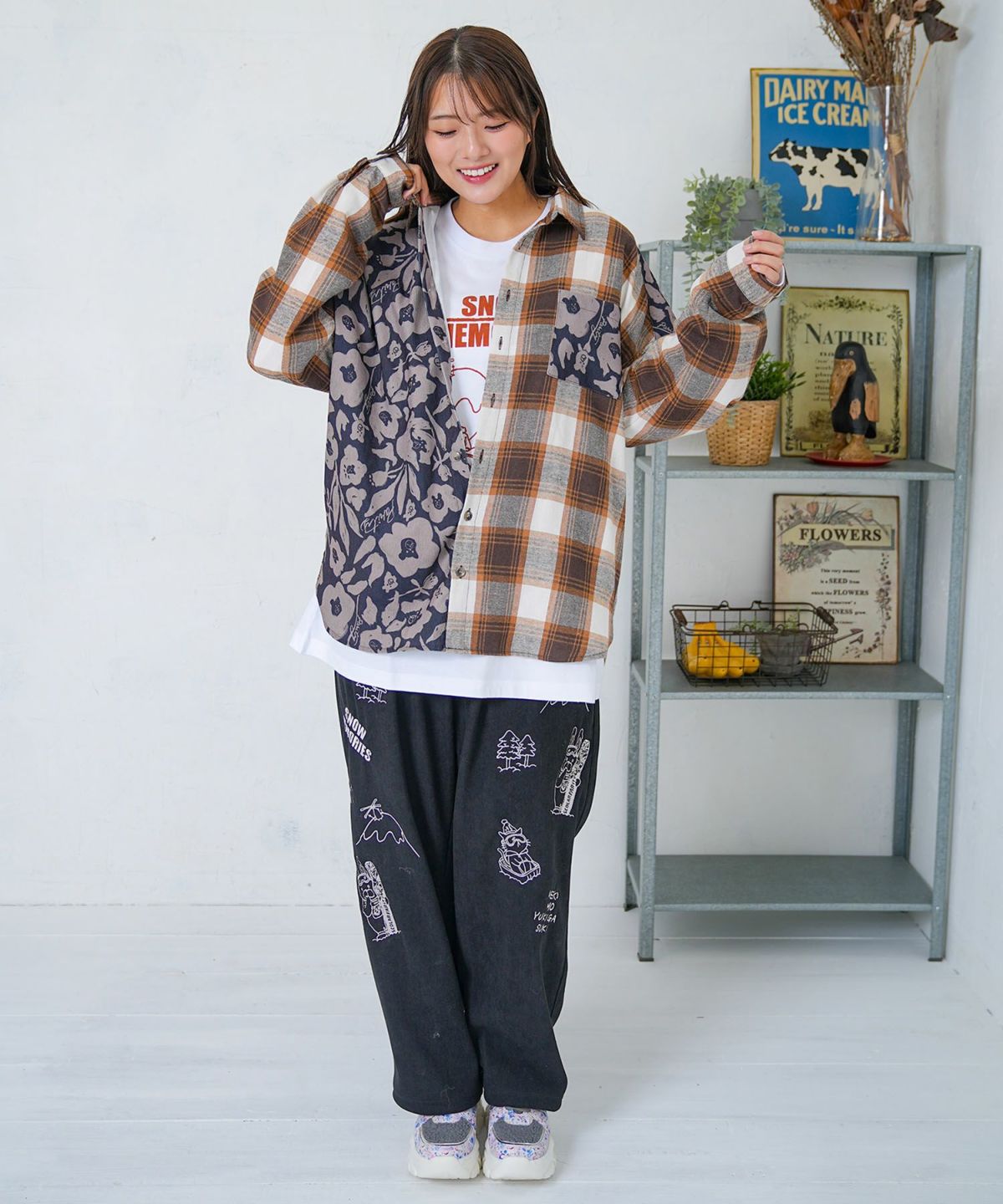 クマ花柄コーデュロイ×チェック異素材切替シャツ-9