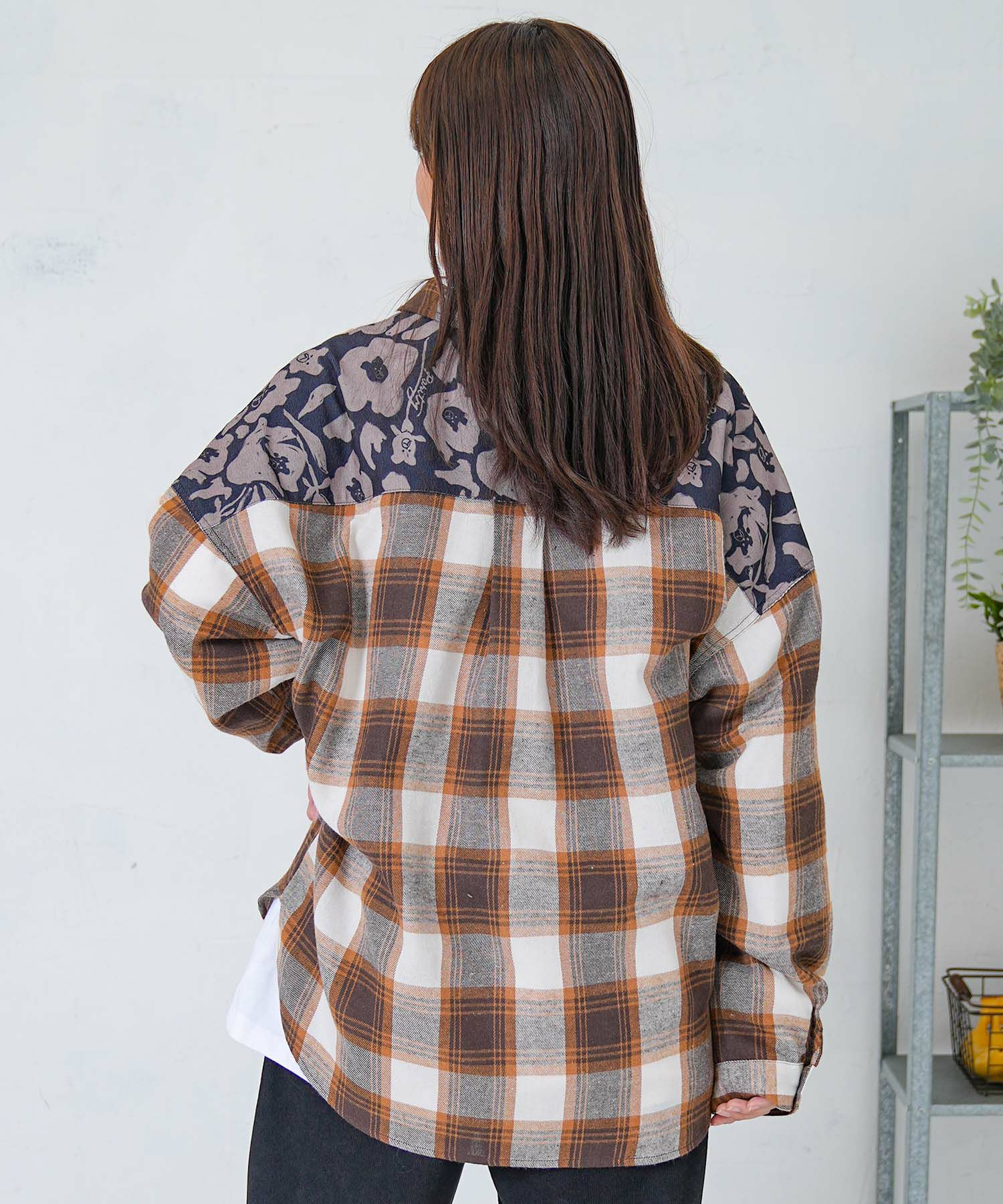 クマ花柄コーデュロイ×チェック異素材切替シャツ-11