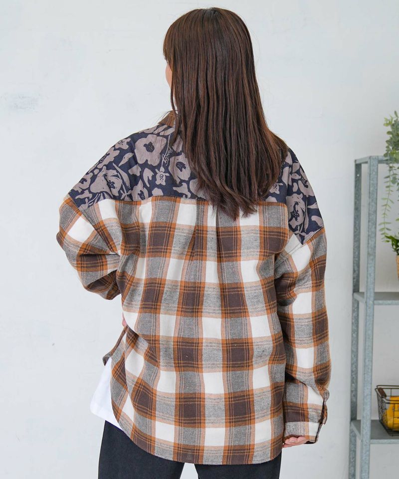 クマ花柄コーデュロイ×チェック異素材切替シャツ-11