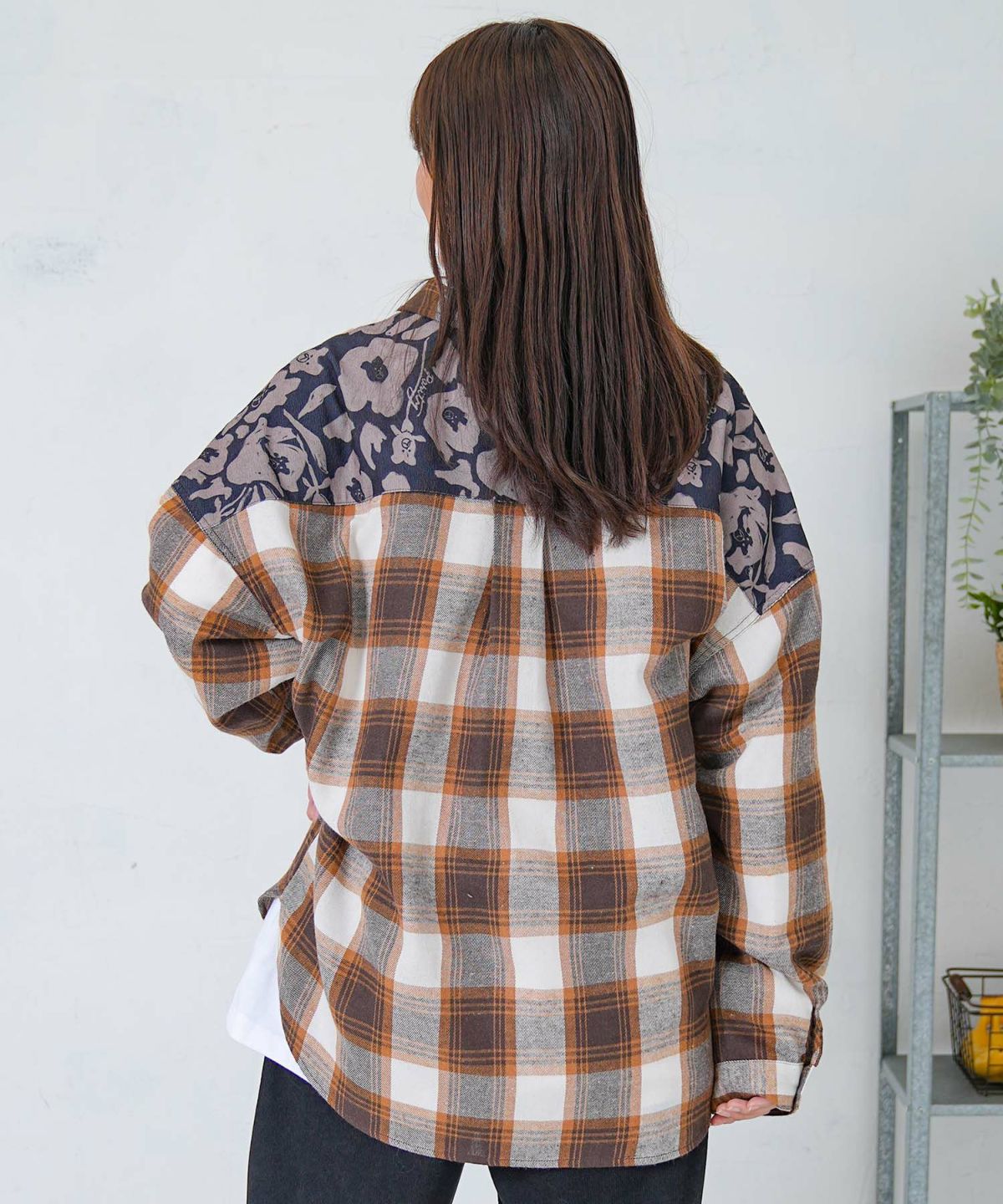 クマ花柄コーデュロイ×チェック異素材切替シャツ-11