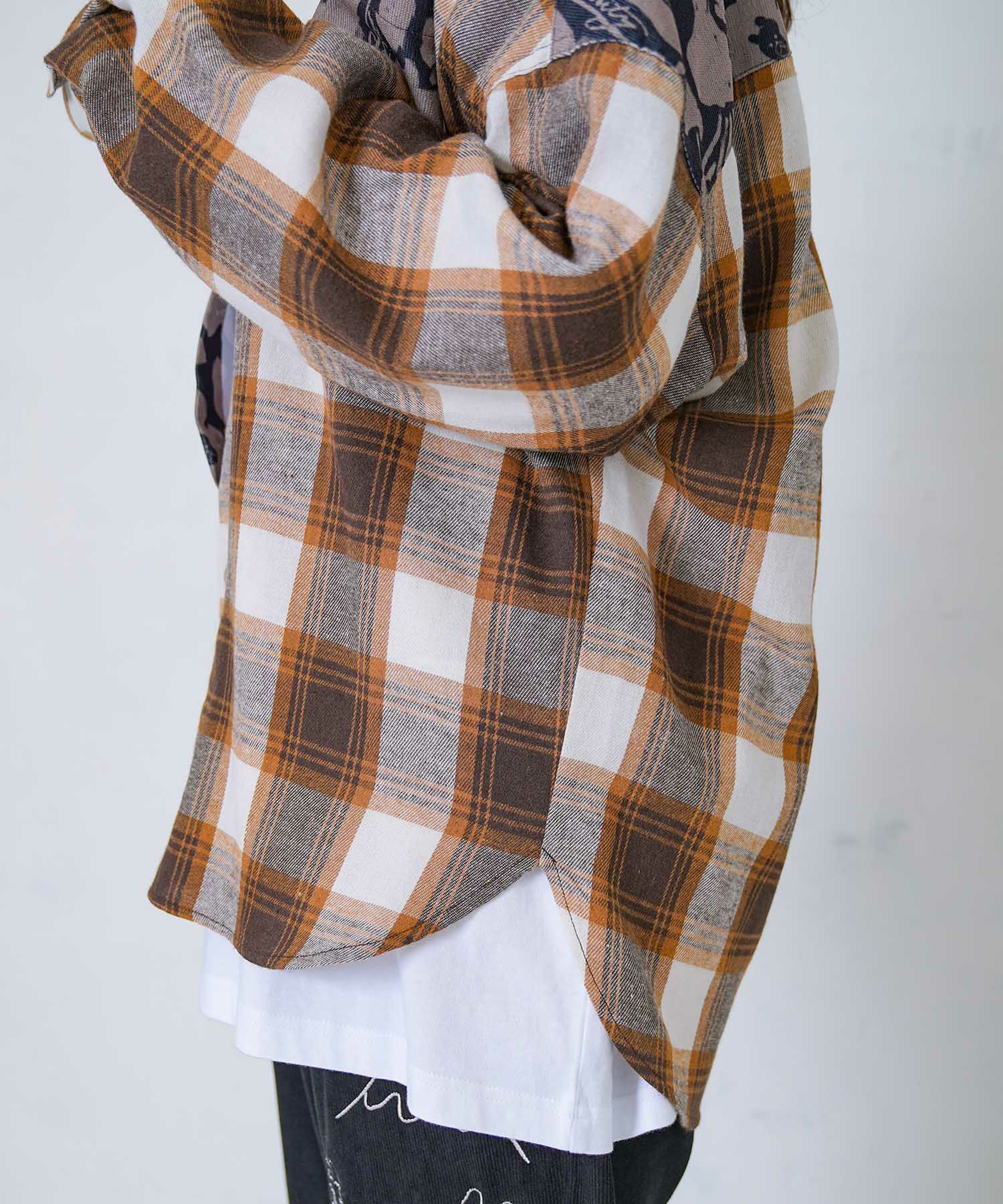 クマ花柄コーデュロイ×チェック異素材切替シャツ-14