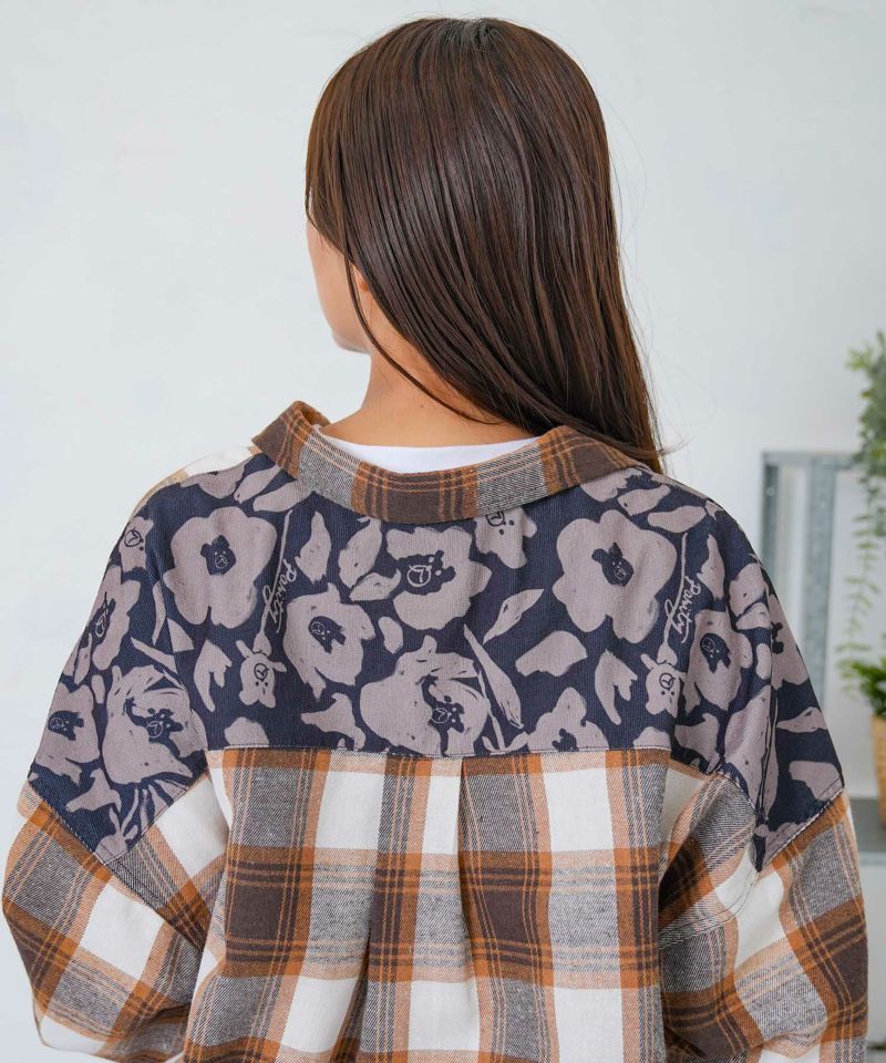 クマ花柄コーデュロイ×チェック異素材切替シャツ-15