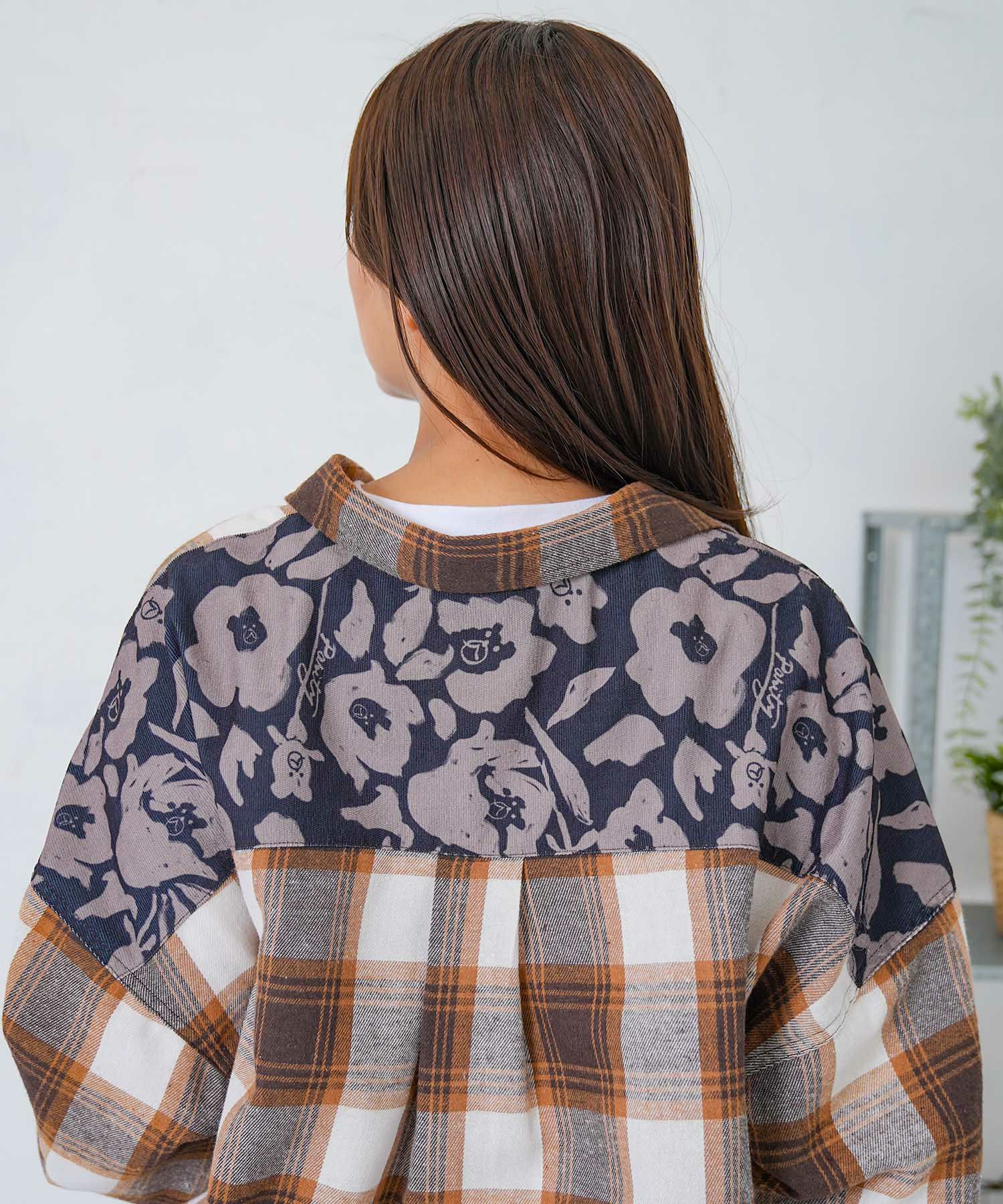 クマ花柄コーデュロイ×チェック異素材切替シャツ-15
