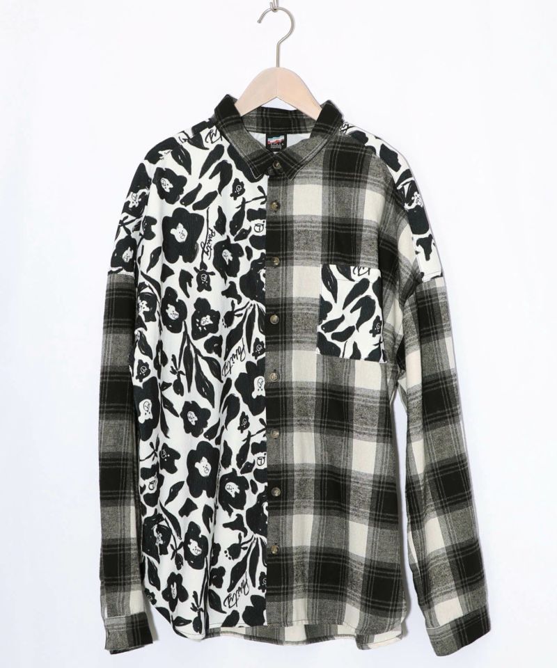 クマ花柄コーデュロイ×チェック異素材切替シャツ-17
