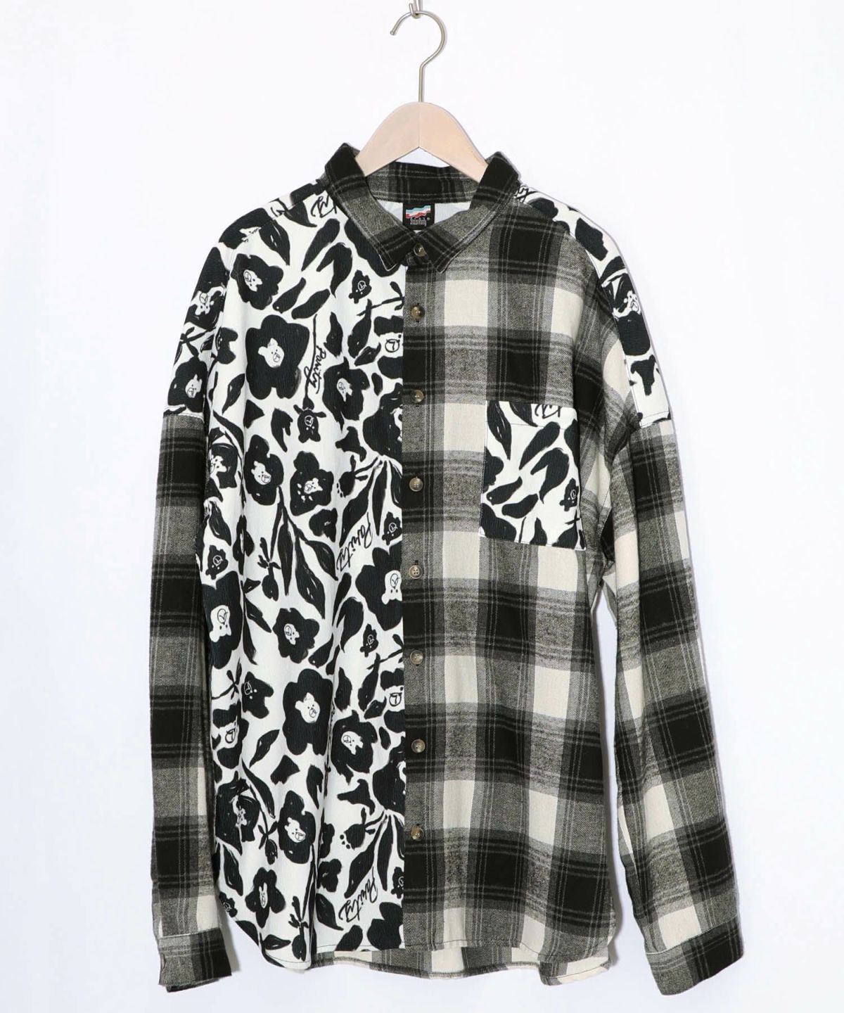 クマ花柄コーデュロイ×チェック異素材切替シャツ-17