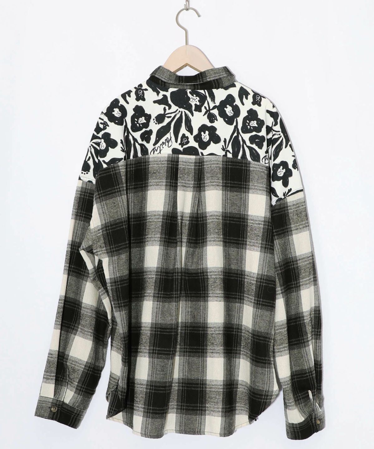 クマ花柄コーデュロイ×チェック異素材切替シャツ-18