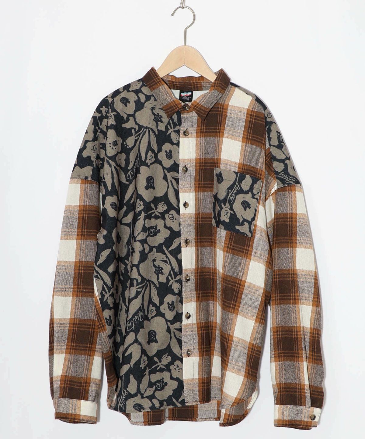 クマ花柄コーデュロイ×チェック異素材切替シャツ-20