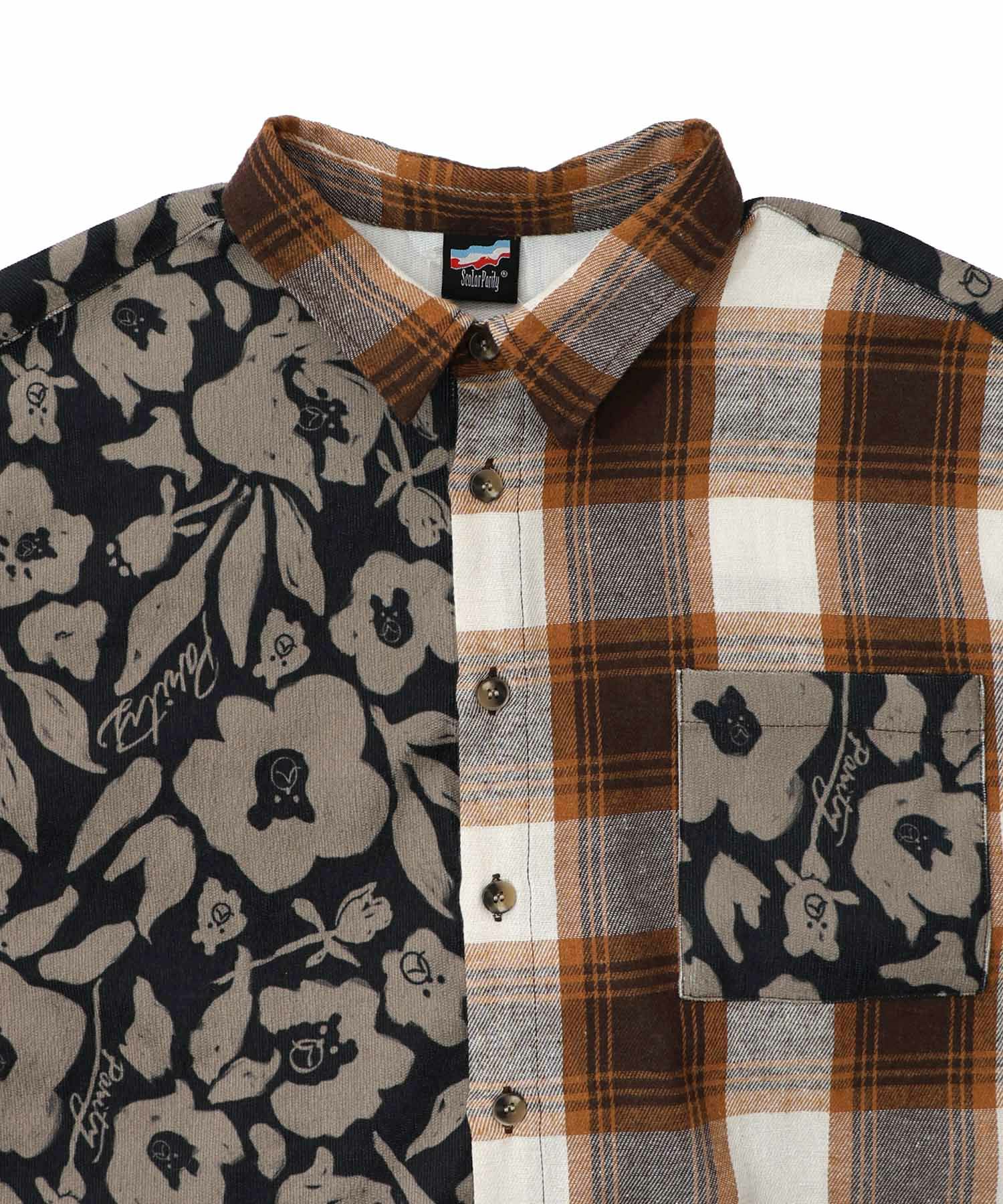 クマ花柄コーデュロイ×チェック異素材切替シャツ-23