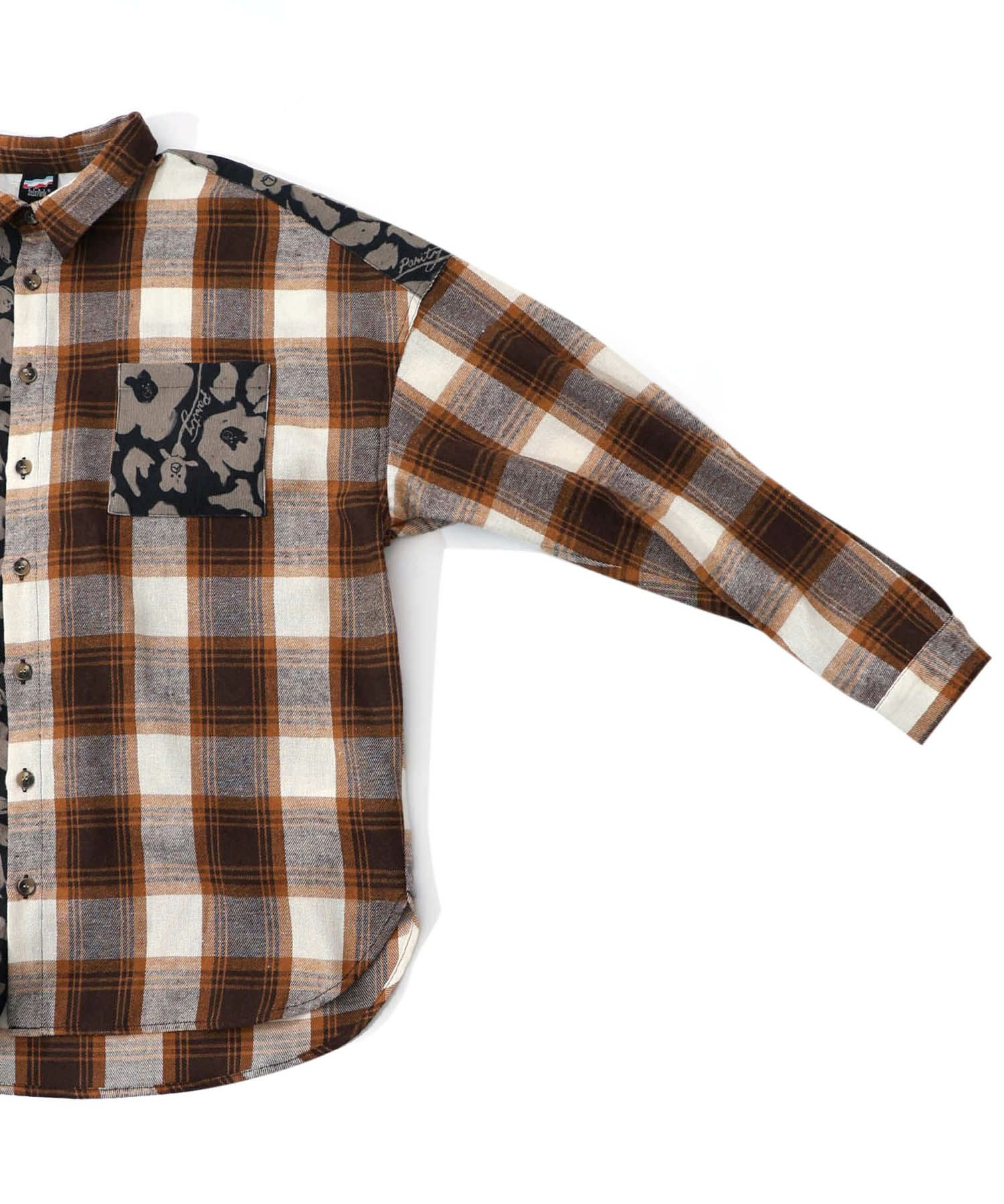 クマ花柄コーデュロイ×チェック異素材切替シャツ-25