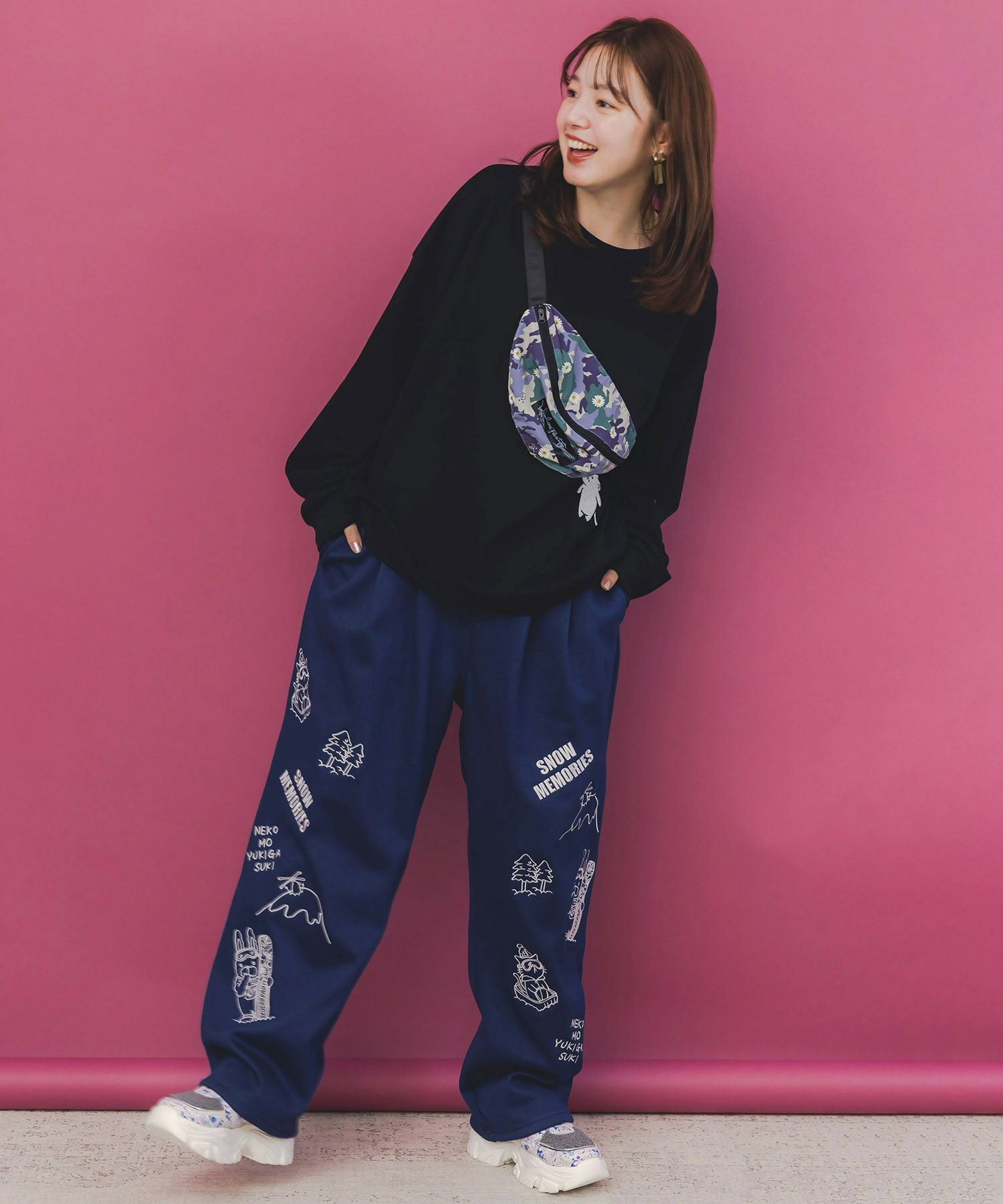 フェイクボディバッグ×ネコ刺繍付き裏毛プルオーバー-4