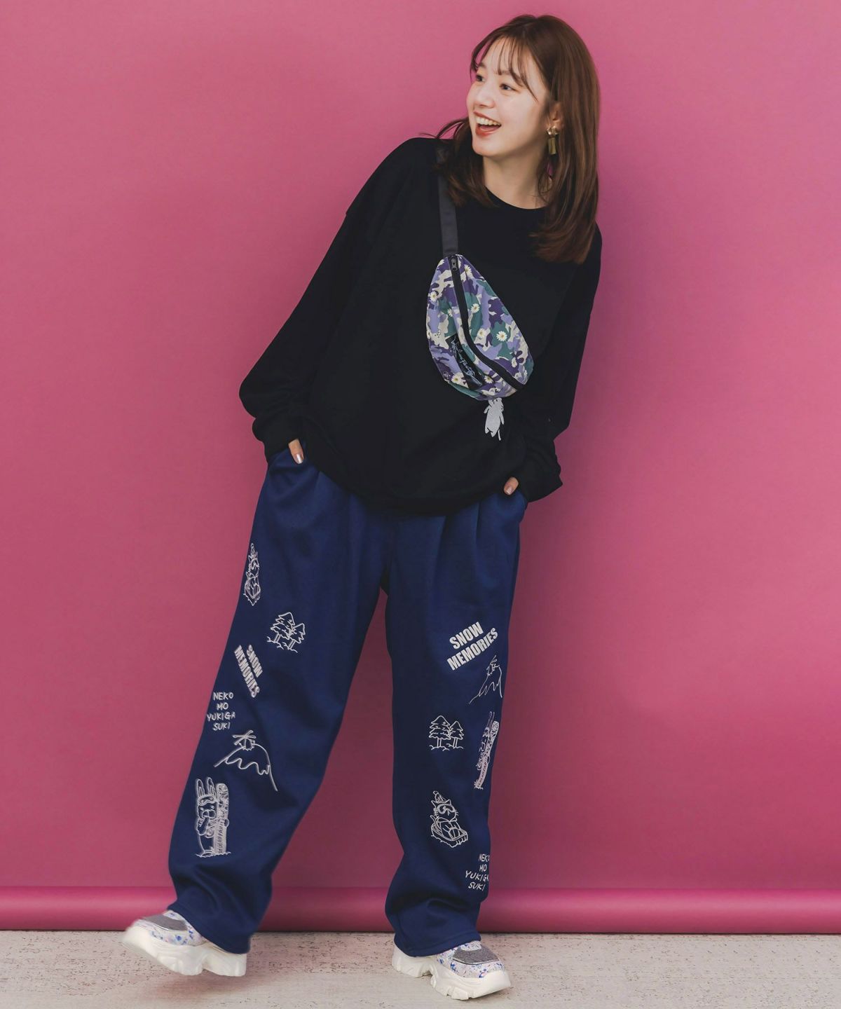 フェイクボディバッグ×ネコ刺繍付き裏毛プルオーバー-4