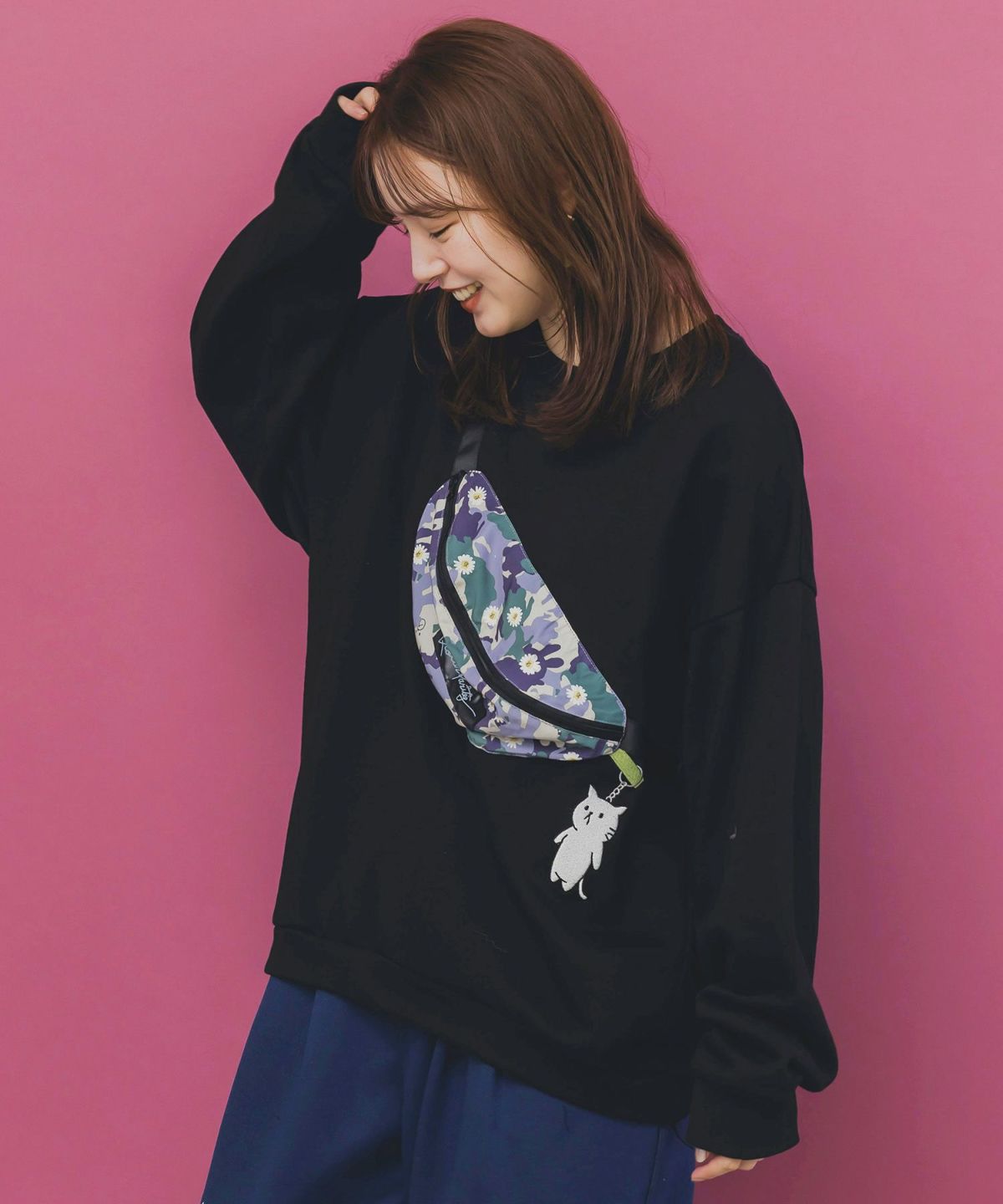 フェイクボディバッグ×ネコ刺繍付き裏毛プルオーバー-5