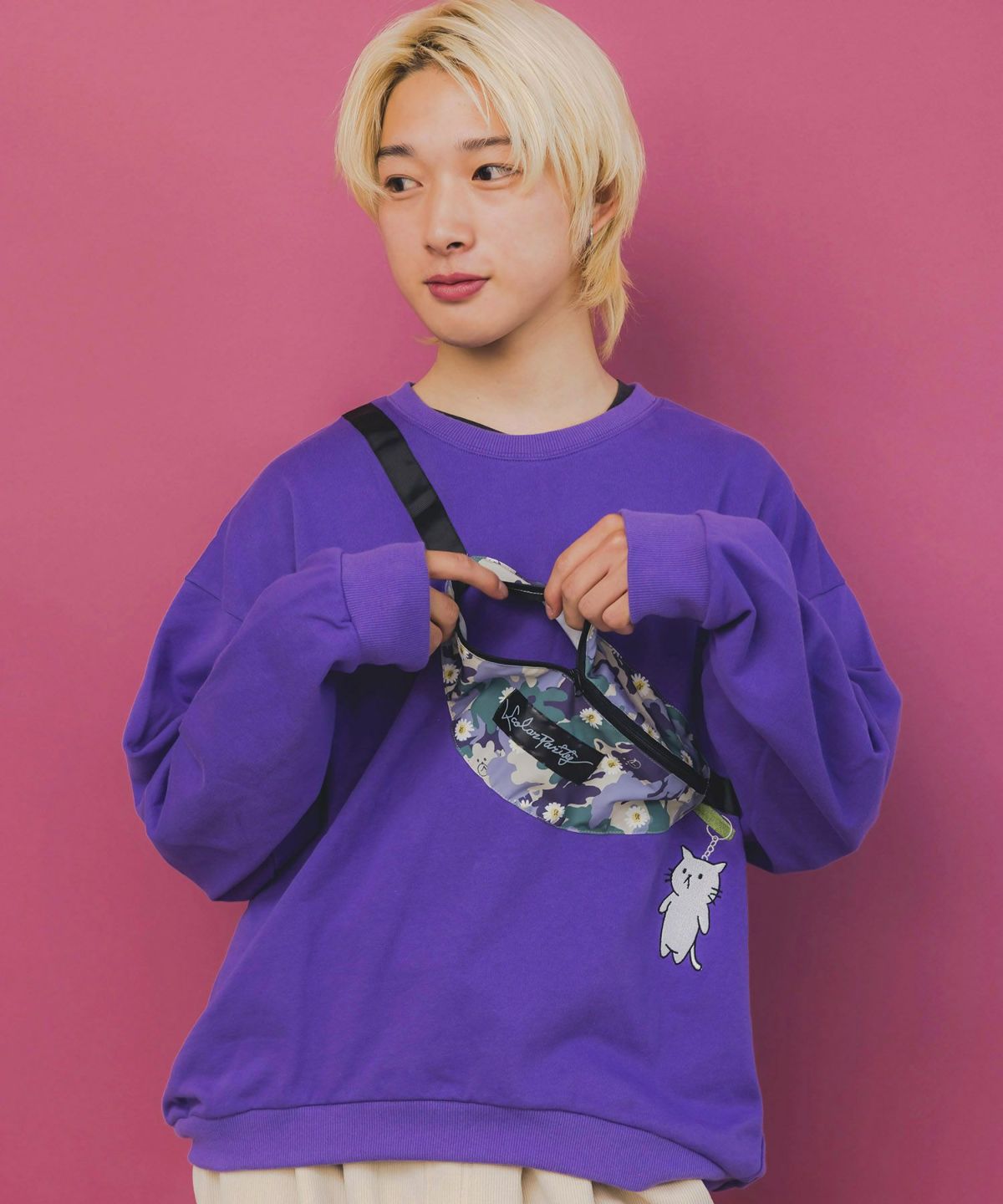 フェイクボディバッグ×ネコ刺繍付き裏毛プルオーバー-8