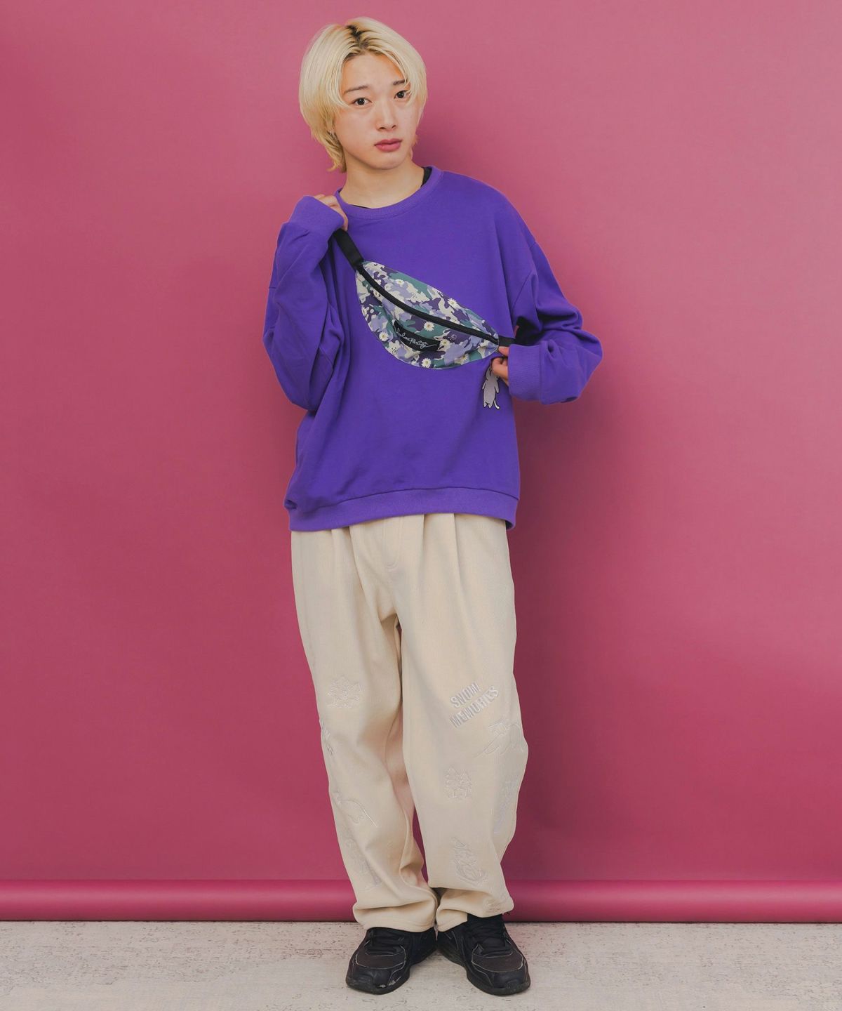 フェイクボディバッグ×ネコ刺繍付き裏毛プルオーバー-9