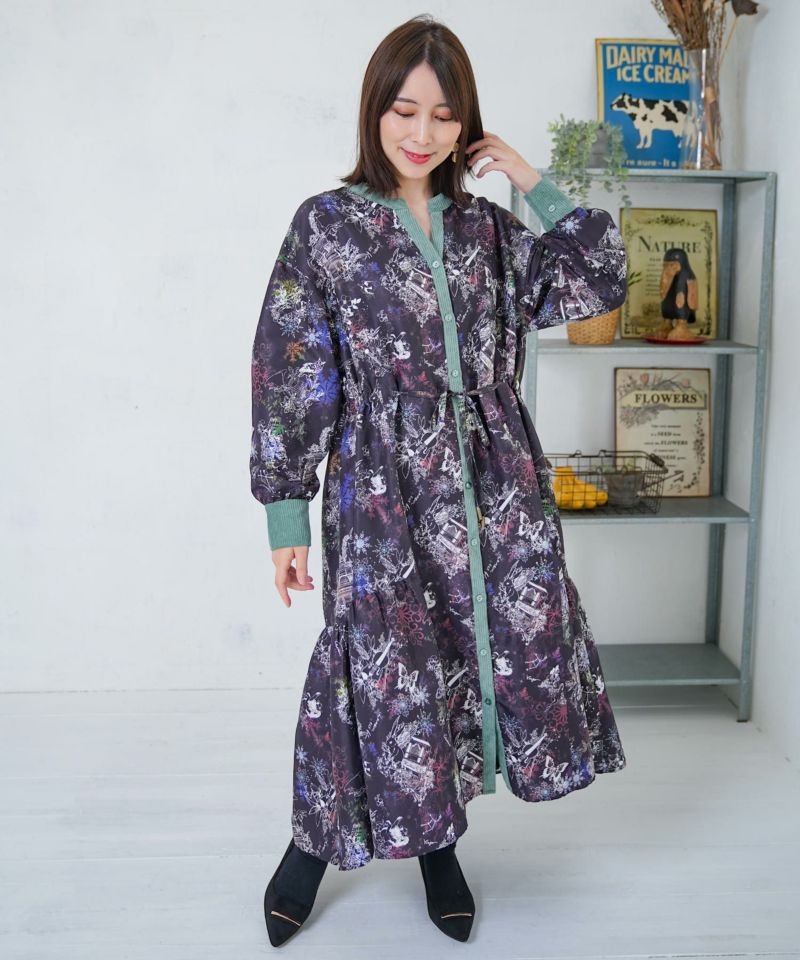 星座・楽器・雪の結晶柄 布帛×コーデュロイワンピ-1