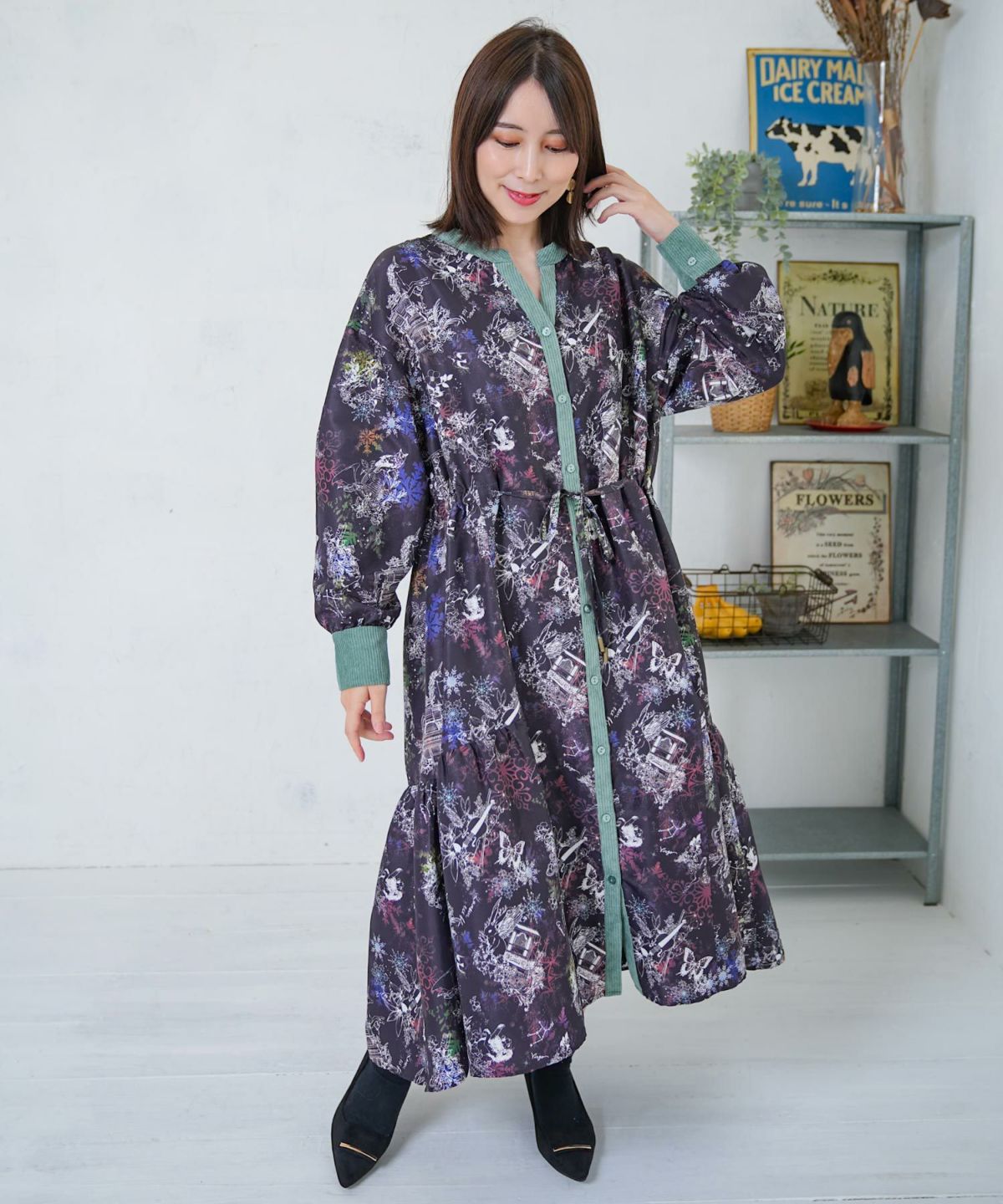 星座・楽器・雪の結晶柄 布帛×コーデュロイワンピ-1