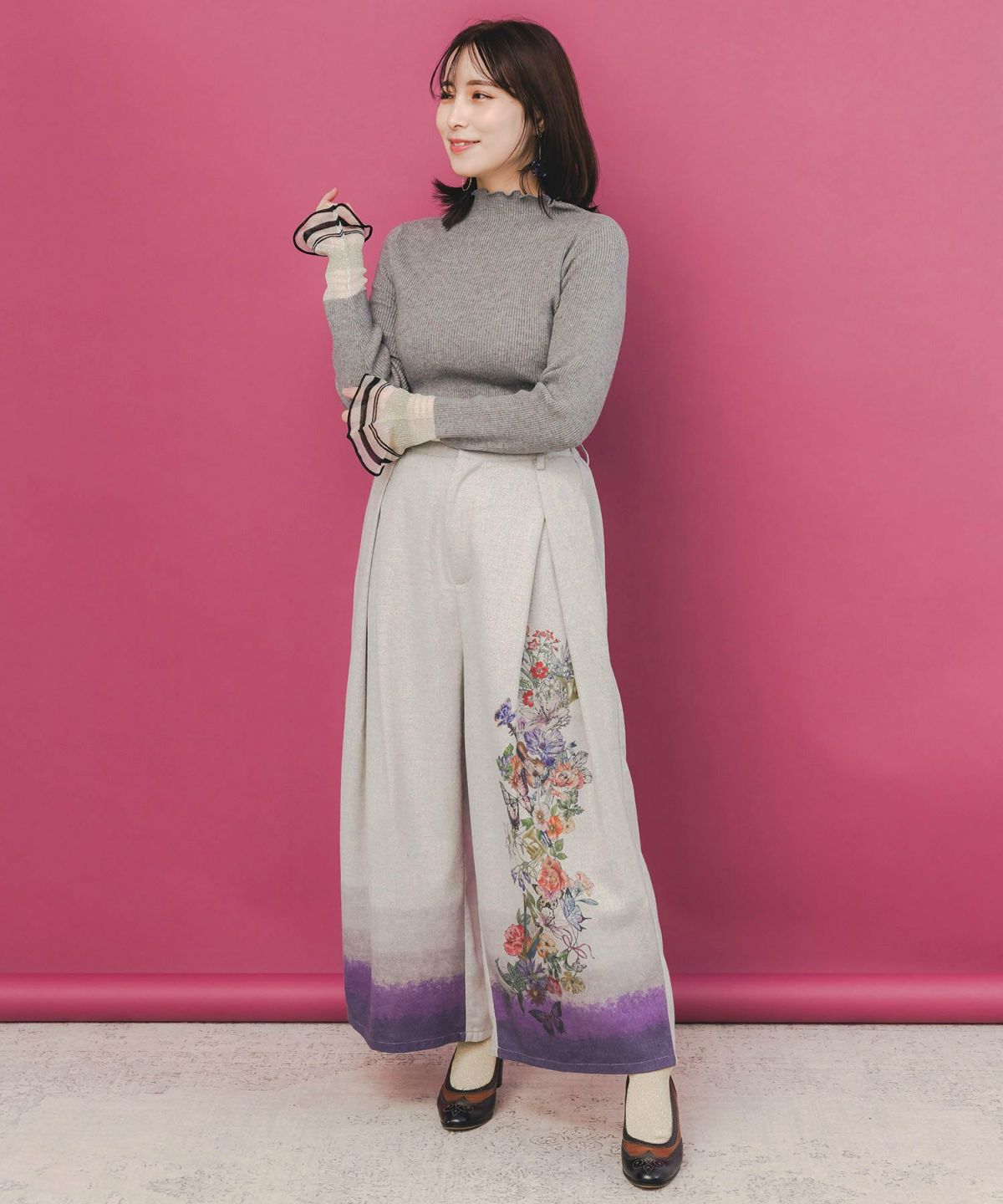 花柄裾グラデラメツイード×裏地パンツ-2