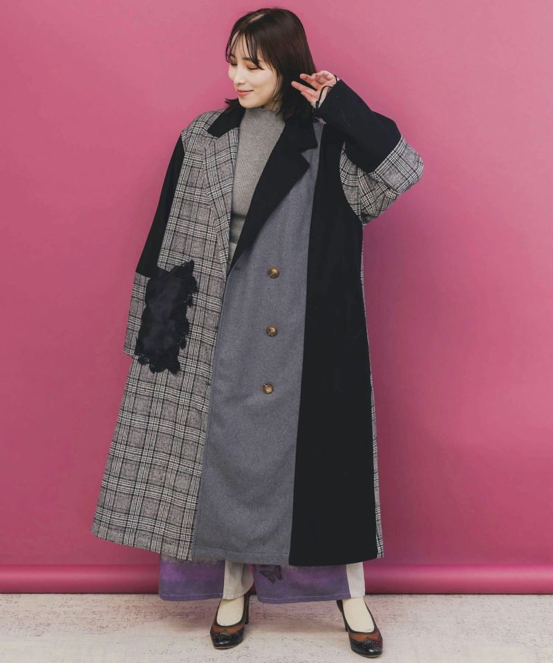 553269：バラ刺繍起毛チェック×蝶レース×フェイクウールコートの通販