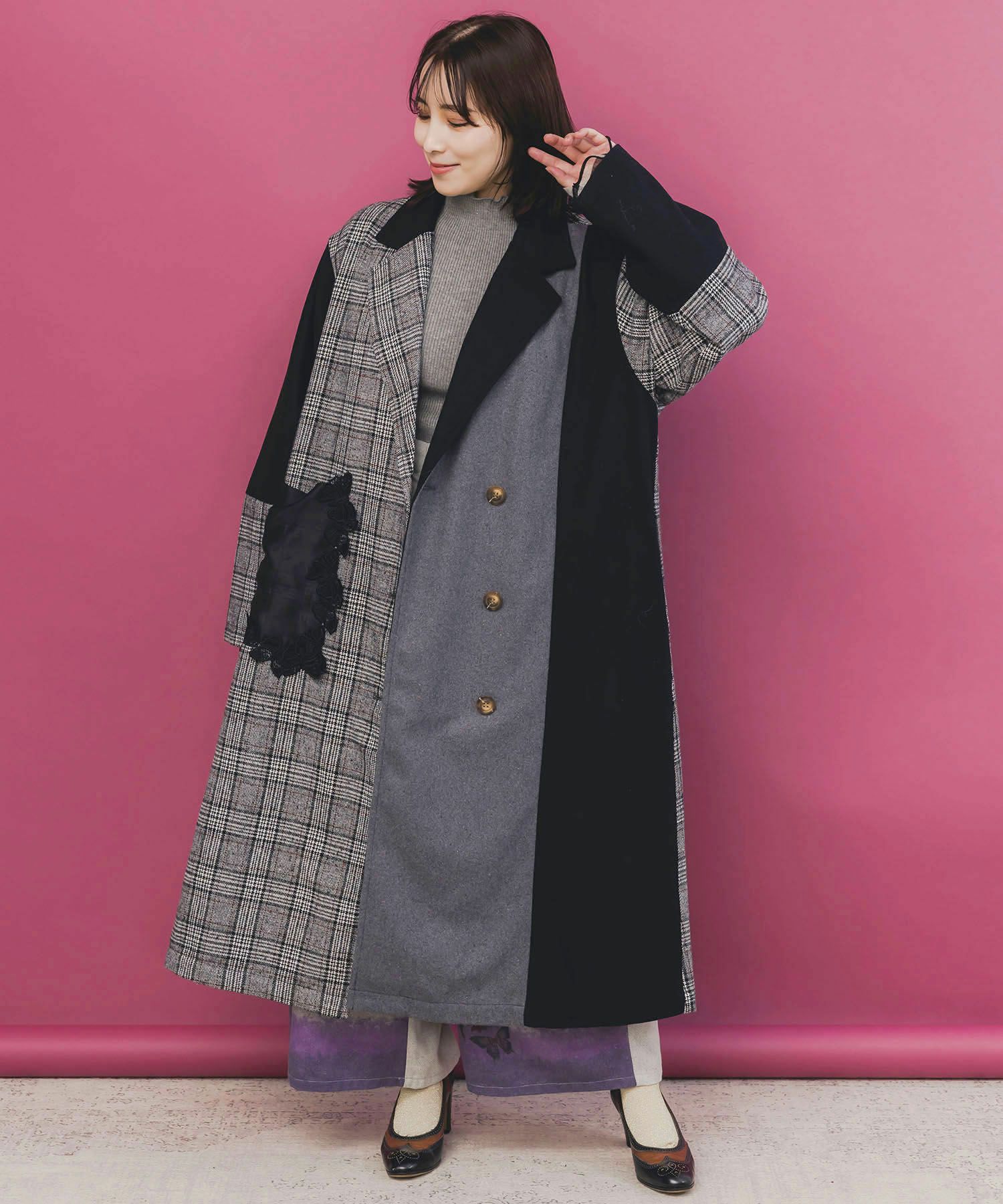 バラ刺繍起毛チェック×蝶レース×フェイクウールコート-1