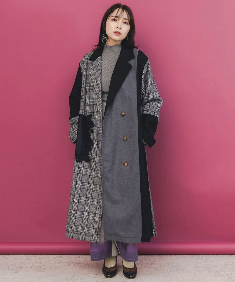 バラ刺繍起毛チェック×蝶レース×フェイクウールコート-2