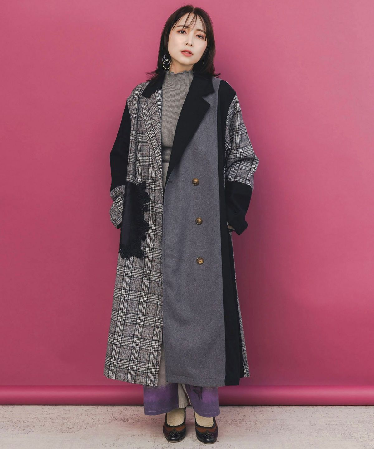 バラ刺繍起毛チェック×蝶レース×フェイクウールコート-2