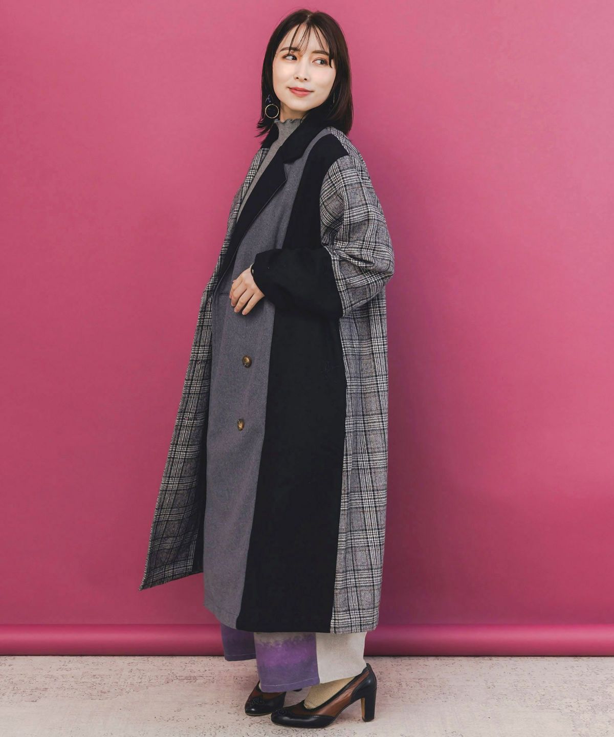 バラ刺繍起毛チェック×蝶レース×フェイクウールコート-3