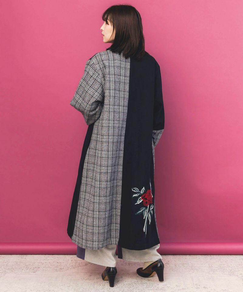 バラ刺繍起毛チェック×蝶レース×フェイクウールコート-4