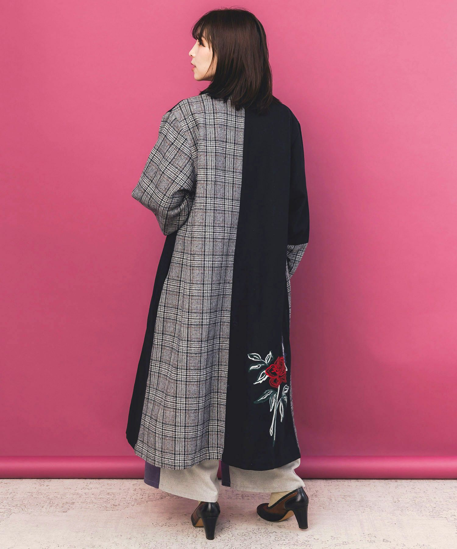バラ刺繍起毛チェック×蝶レース×フェイクウールコート-4