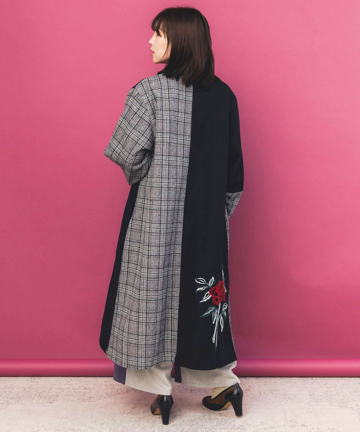バラ刺繍起毛チェック×蝶レース×フェイクウールコート-4