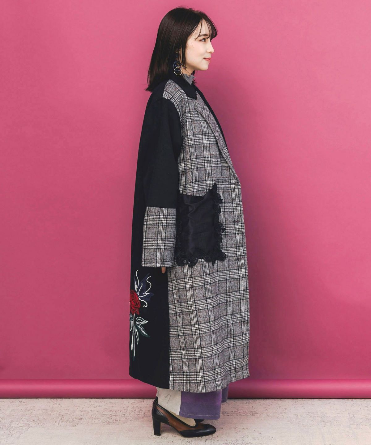 バラ刺繍起毛チェック×蝶レース×フェイクウールコート-5