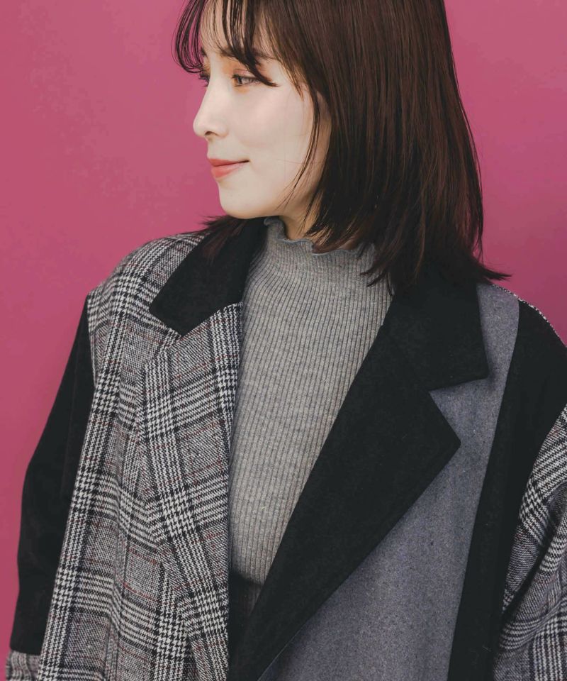 バラ刺繍起毛チェック×蝶レース×フェイクウールコート-6