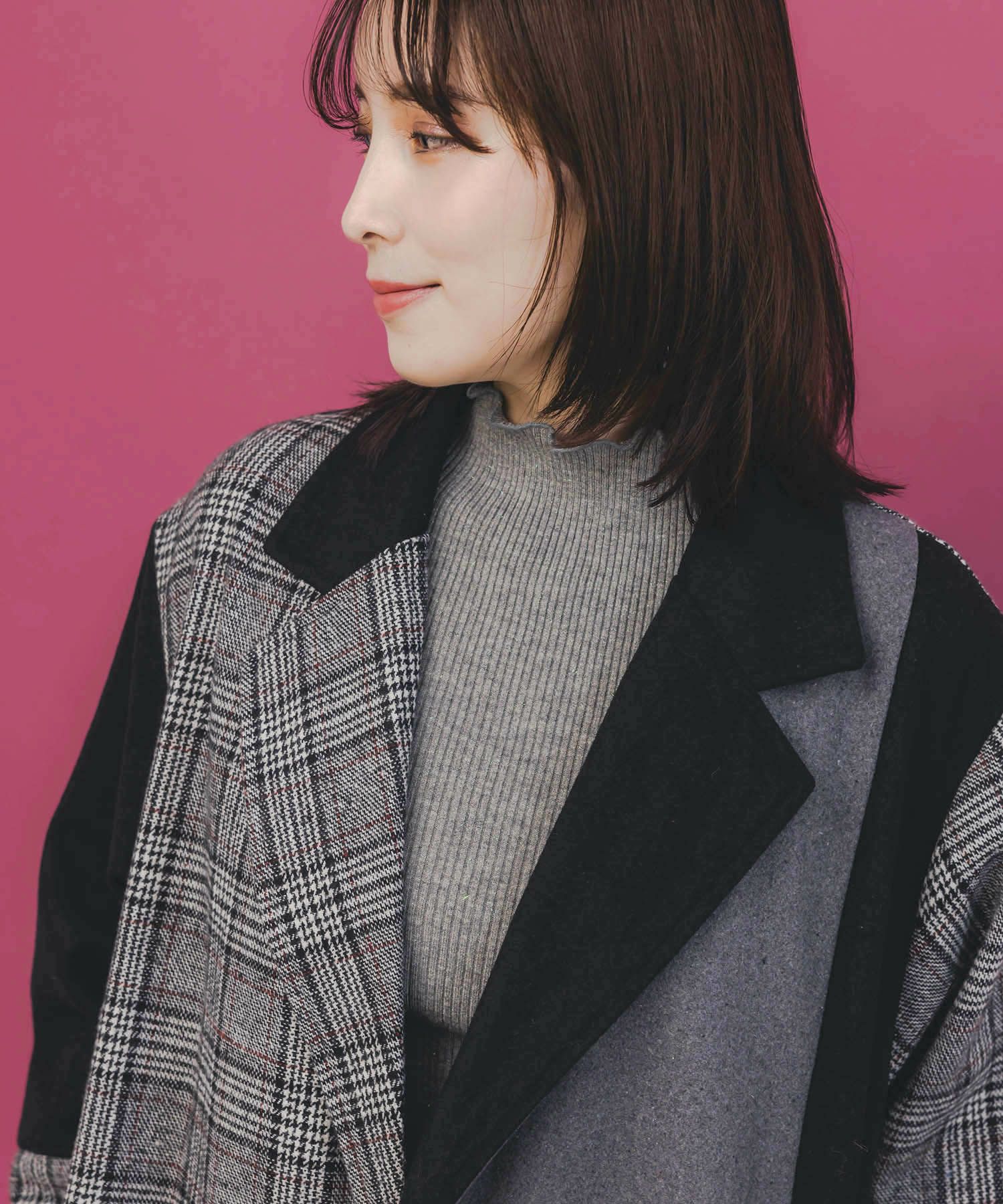 バラ刺繍起毛チェック×蝶レース×フェイクウールコート-6