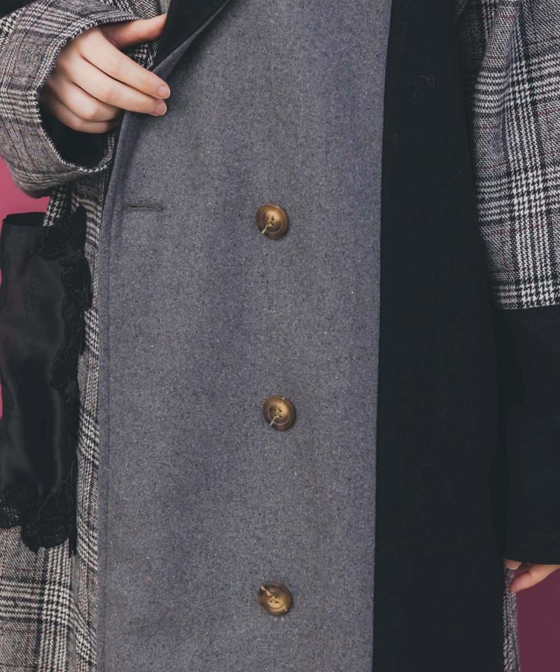 バラ刺繍起毛チェック×蝶レース×フェイクウールコート-7