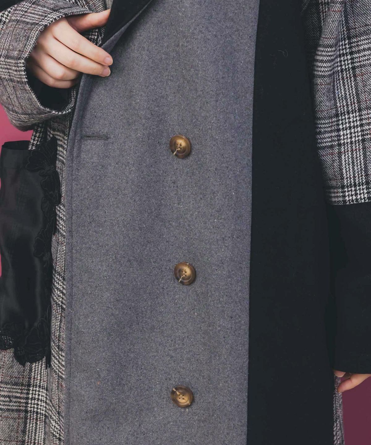 バラ刺繍起毛チェック×蝶レース×フェイクウールコート-7