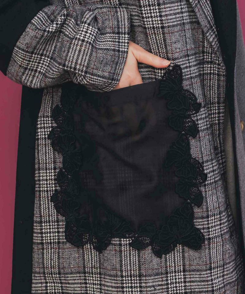 バラ刺繍起毛チェック×蝶レース×フェイクウールコート-8