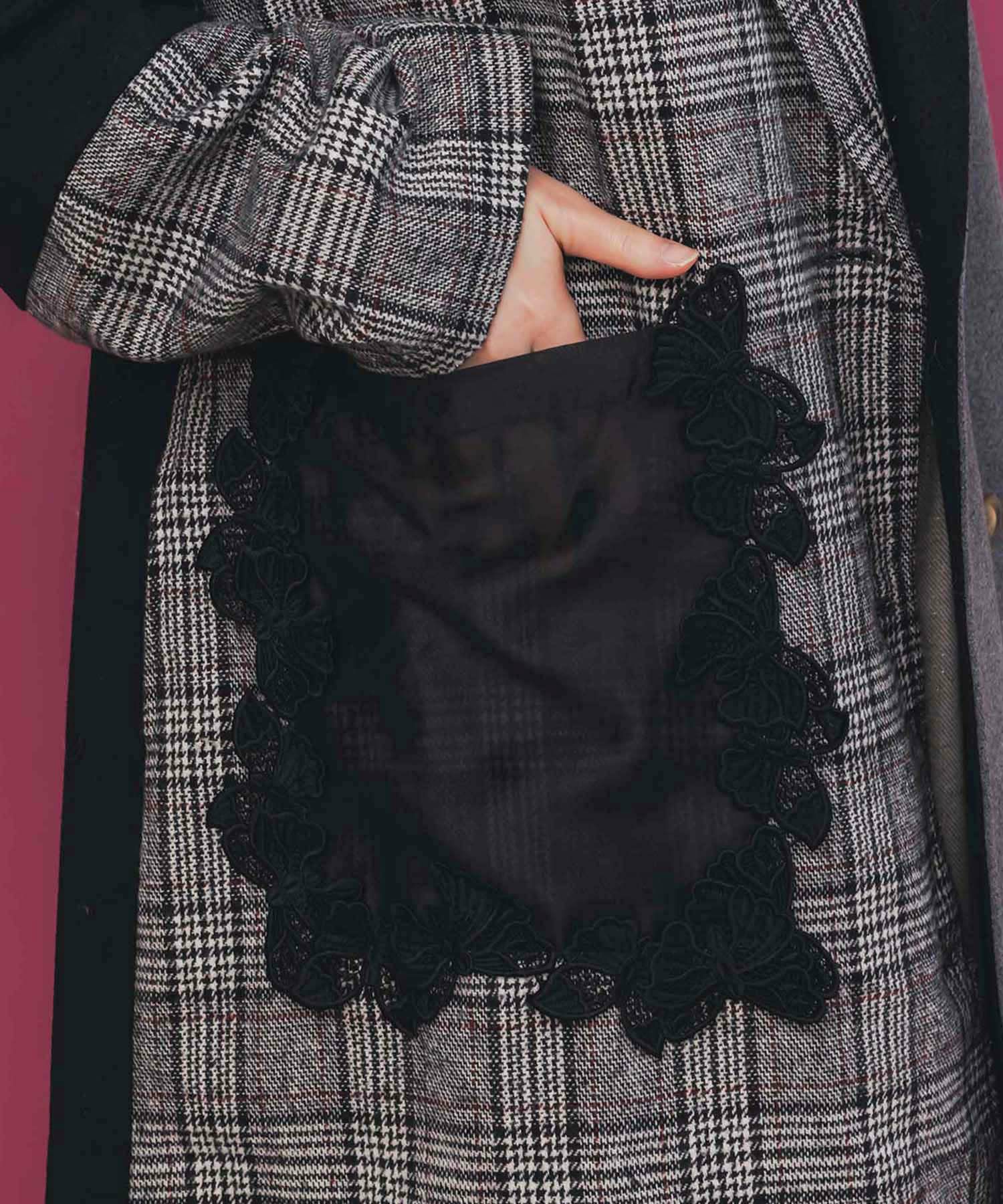 バラ刺繍起毛チェック×蝶レース×フェイクウールコート-8