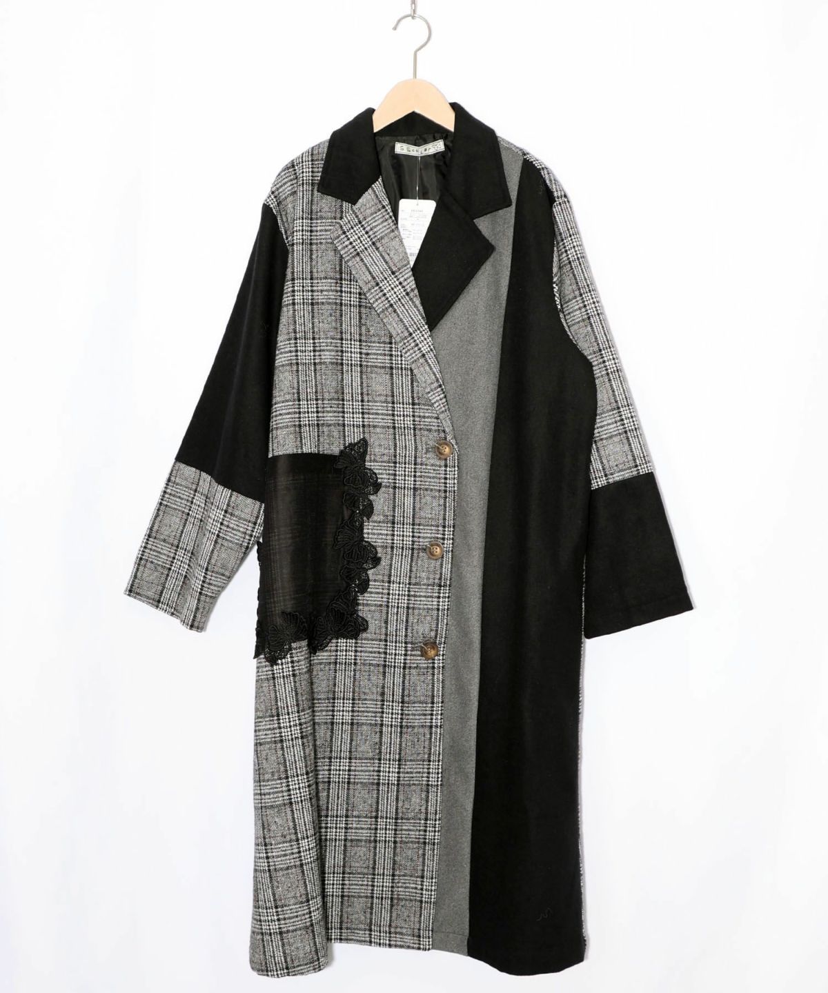 バラ刺繍起毛チェック×蝶レース×フェイクウールコート-10