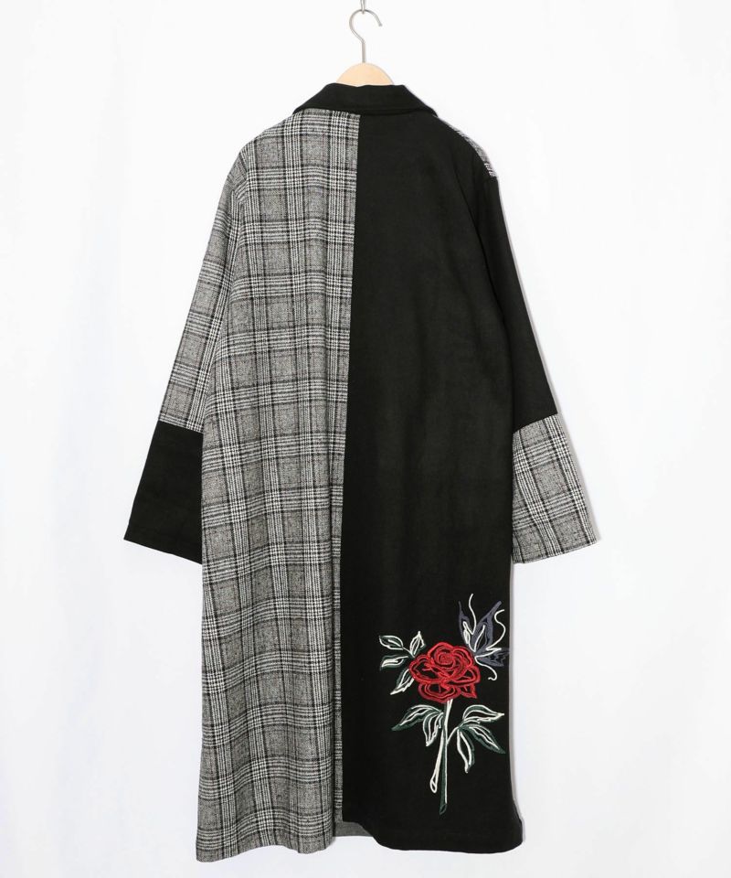 バラ刺繍起毛チェック×蝶レース×フェイクウールコート-11