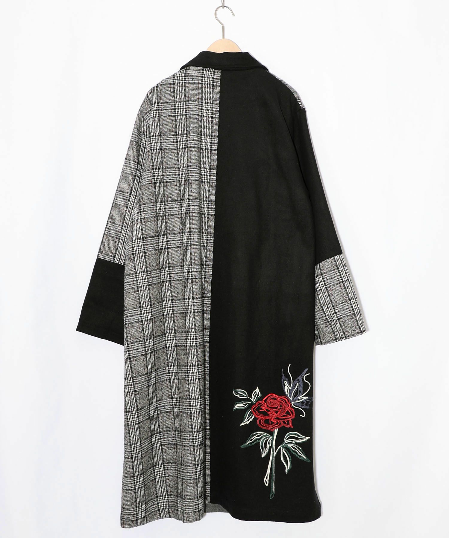 バラ刺繍起毛チェック×蝶レース×フェイクウールコート-11